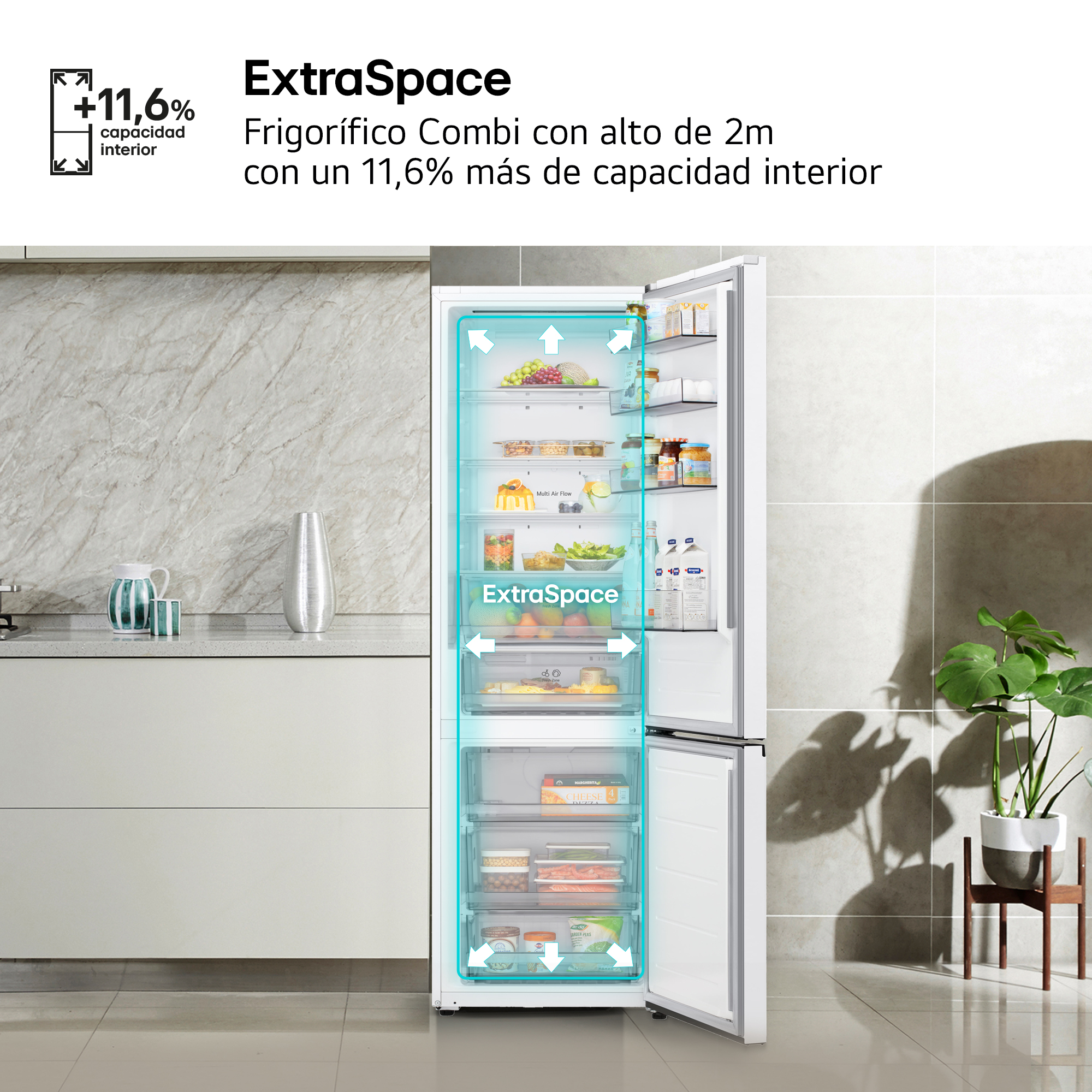 ExtraSpace. Frigorífico Combi con alto de 2m con un 11,6% más de capacidad interior.