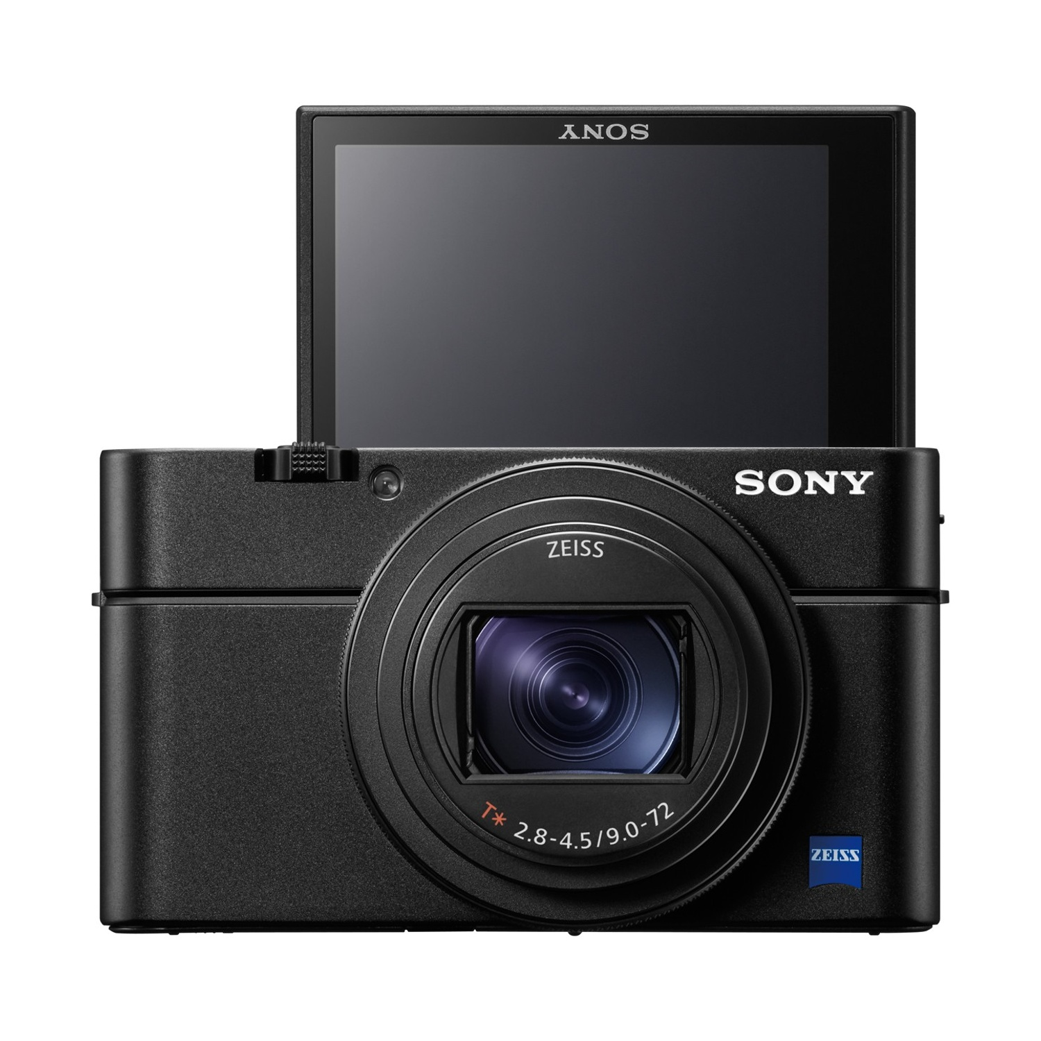 Fotocamera Sony nera con schermo sollevato e dettagli obiettivo.