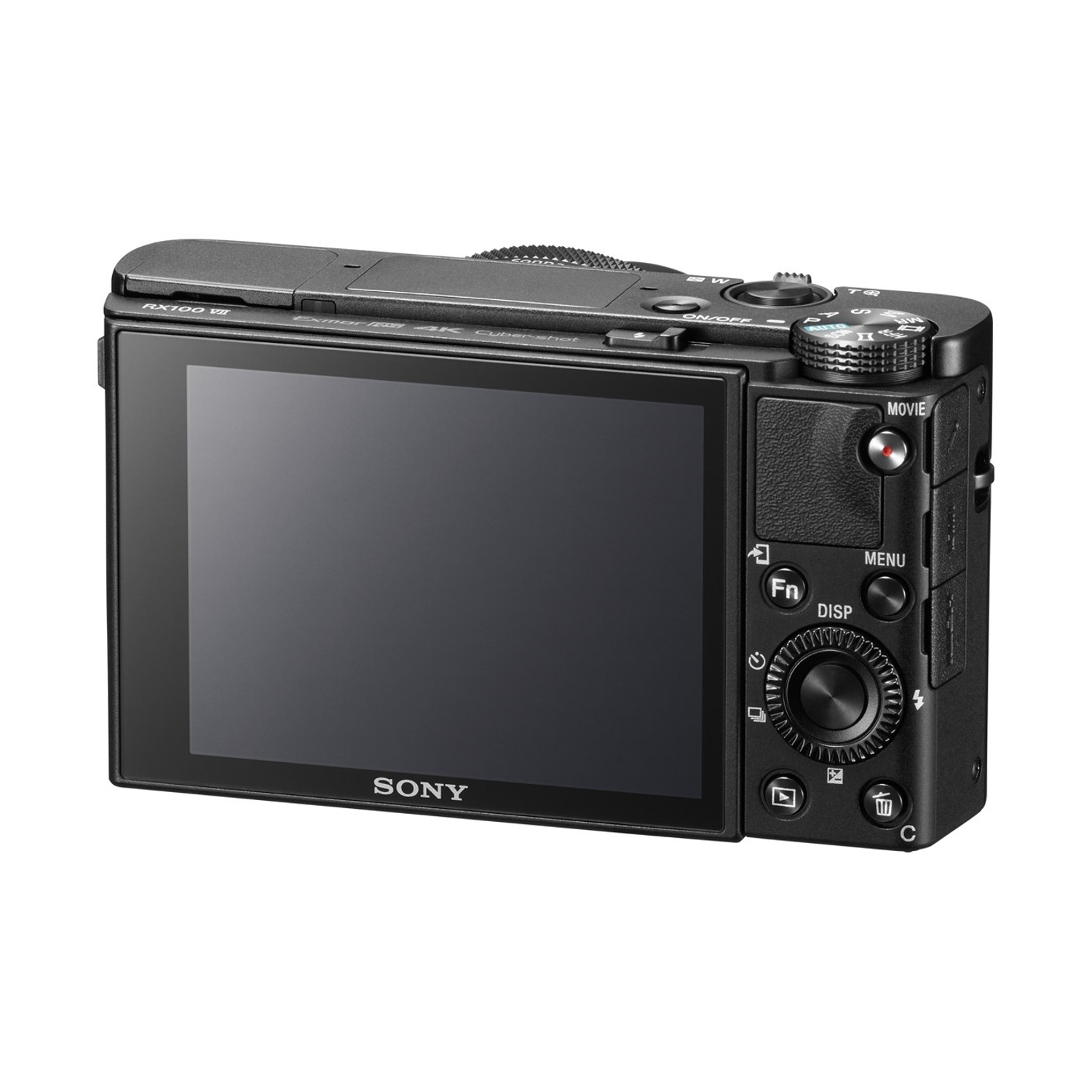 Vista posteriore di una fotocamera Sony RX100 VII nera con un grande schermo scuro.