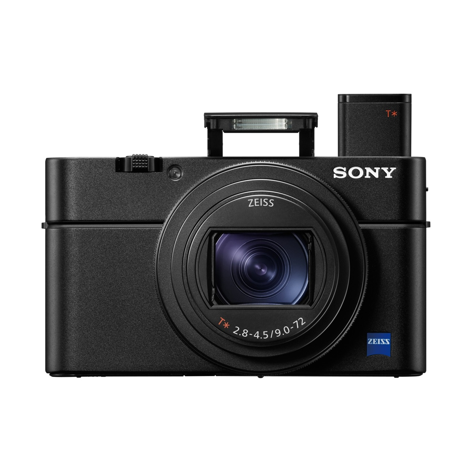 Fotocamera Sony nera con obiettivo Zeiss e flash a scomparsa.