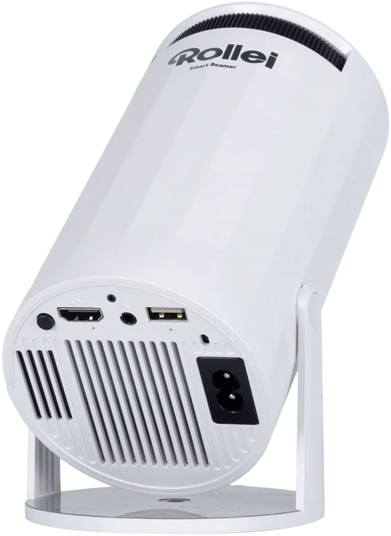 Un Rollei Smart Beamer blanc avec connexions : HDMI, USB, alimentation.