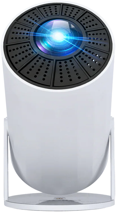Projecteur blanc avec dessus ventilé noir et faisceau lumineux bleu vif.