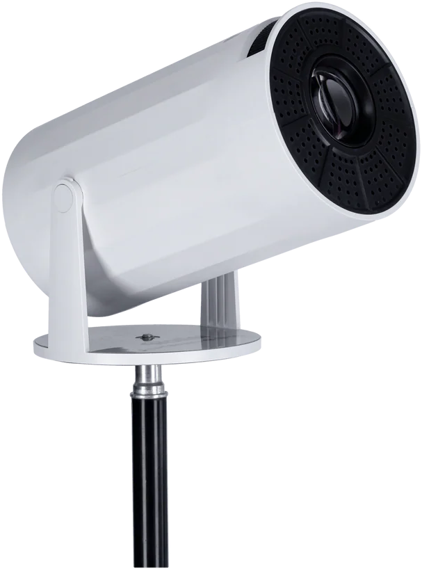 Un projecteur blanc avec lentille et support noirs sur fond noir.