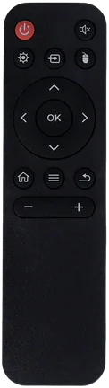 Télécommande noire avec boutons marche/arrêt, volume, navigation et OK.