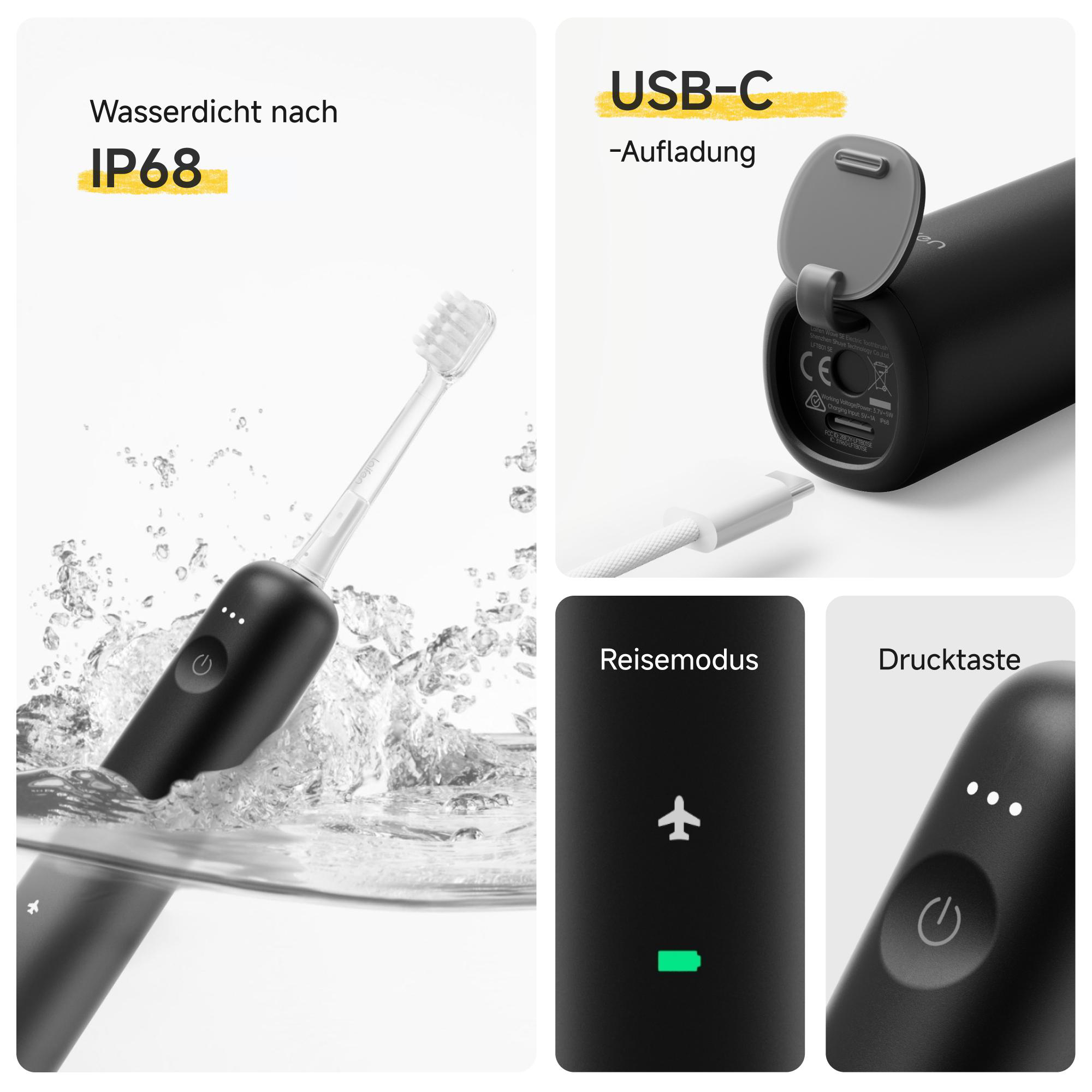 Schwarze Zahnbürste mit USB-C, wasserdicht, Reise- und Drucktastenmodi.