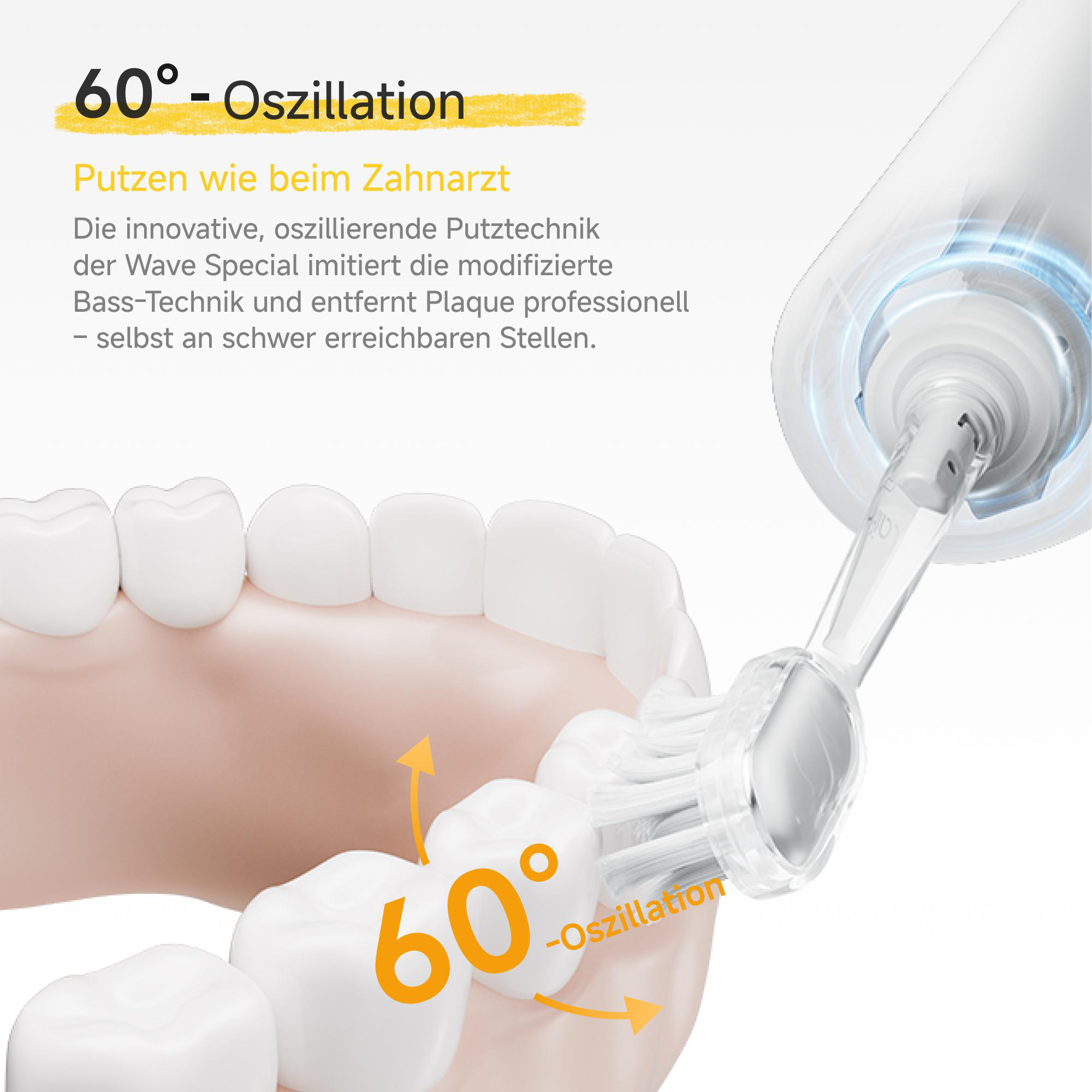 Elektrische Zahnbürste reinigt Zähne mit 60° Oszillation.