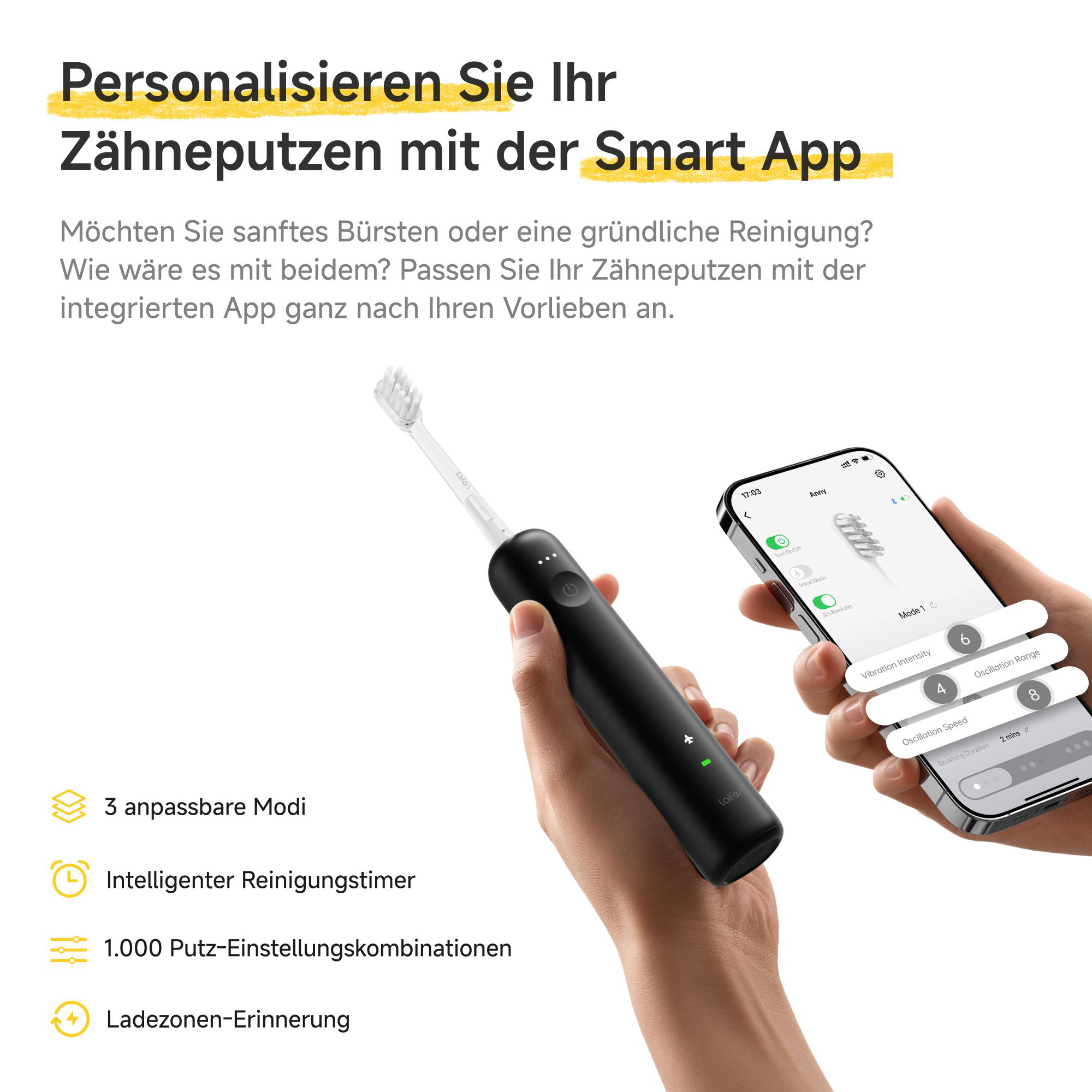 Schwarze Zahnbürste wird in der Hand gehalten, daneben ein Smartphone mit App.