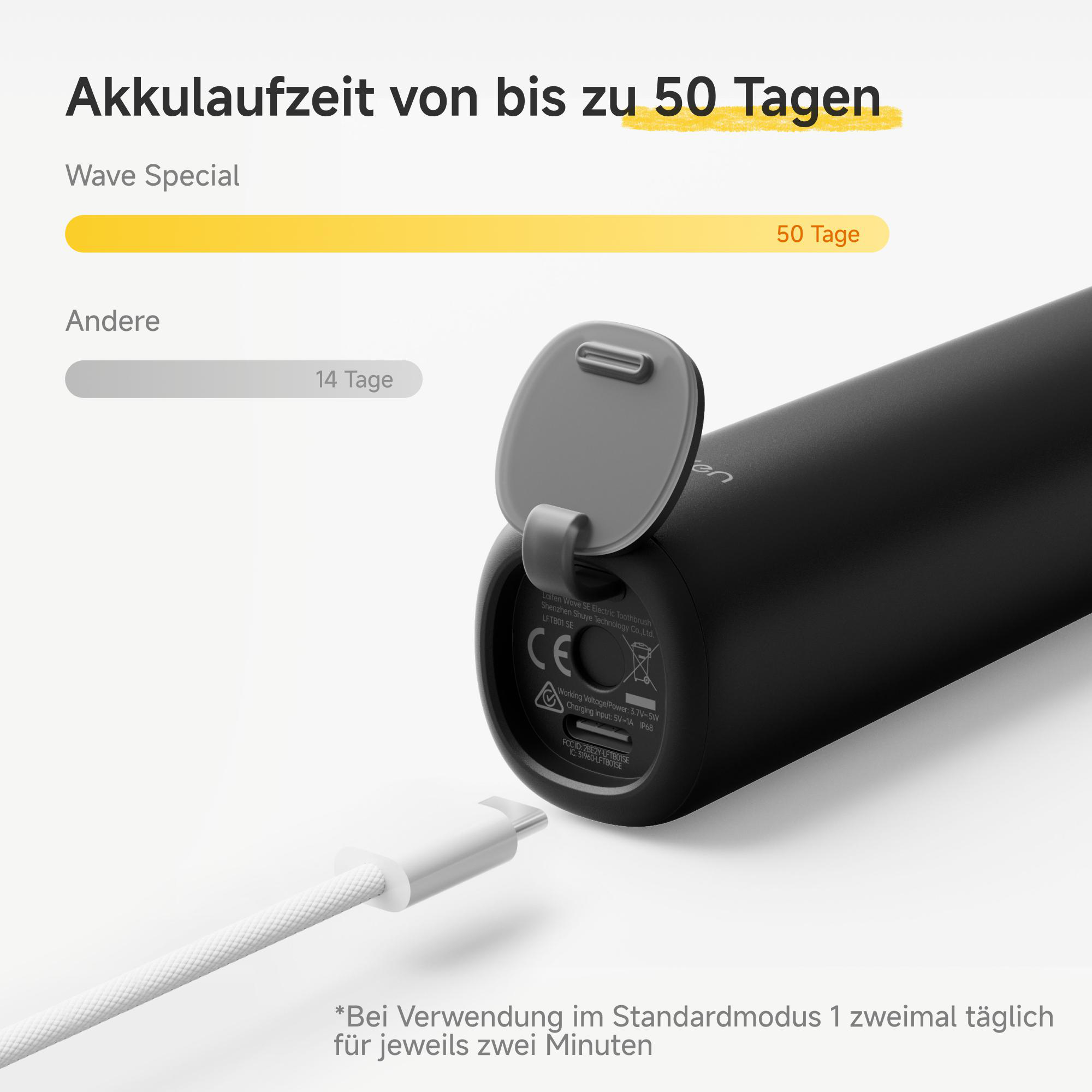 Schwarzer elektrischer Zahnbürstenkörper mit offenem Ladeanschluss und weißem Kabel.