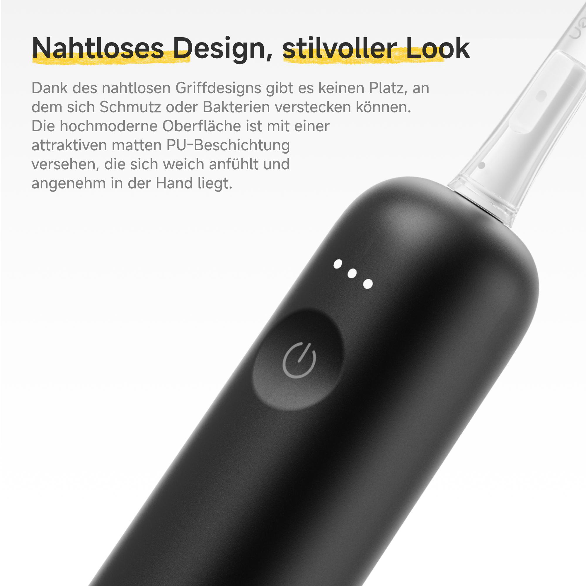 Schwarze elektrische Zahnbürste mit schlankem Design und Power-Button.