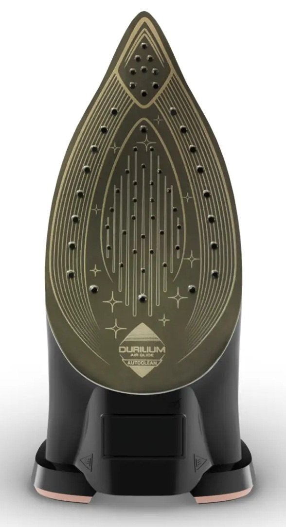 Czarne żelazko ze złotą, błyszczącą stopą z otworami na parę i gwiazdkami.