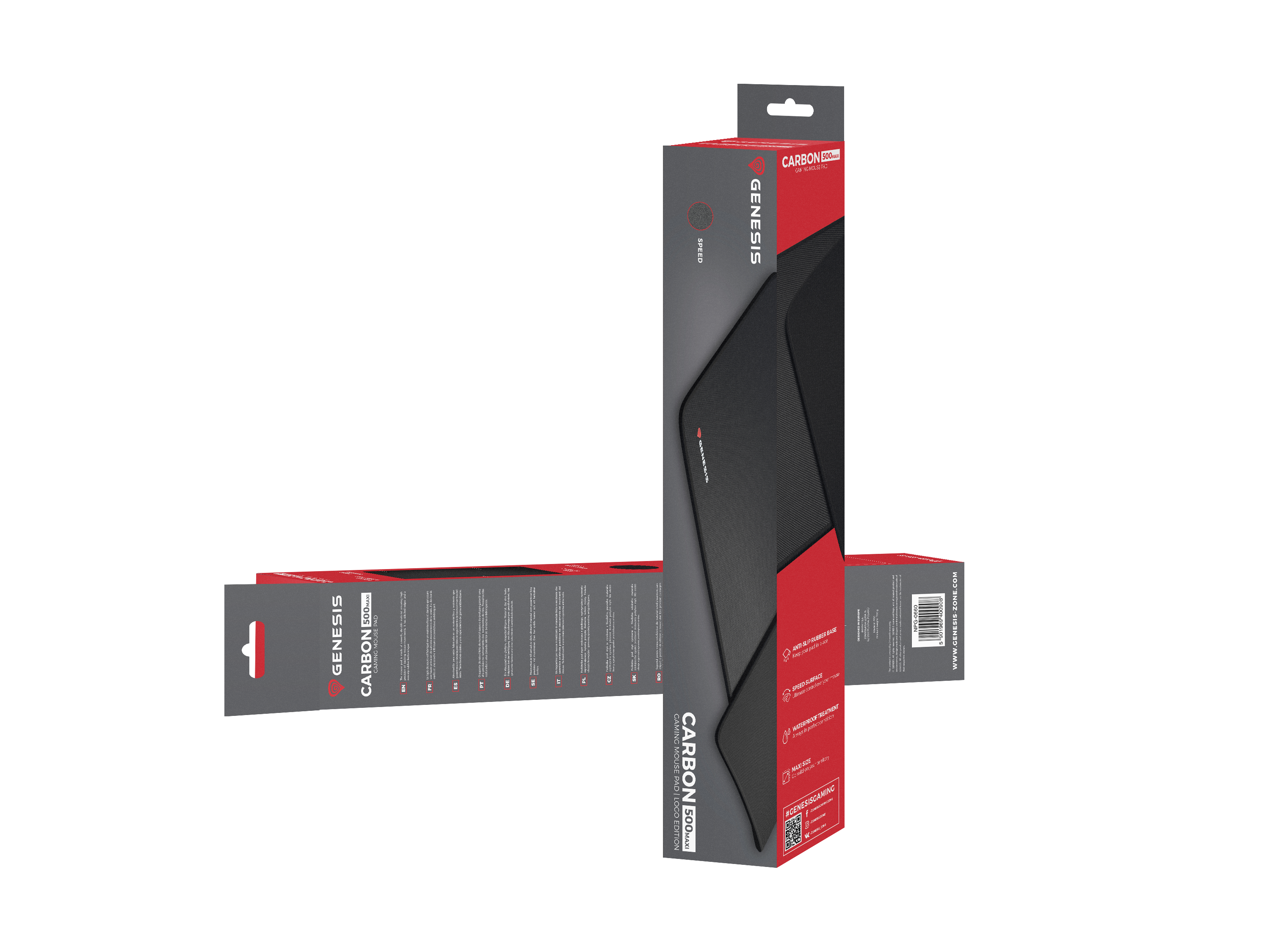 Czarna podkładka pod mysz gamingową z czerwonym akcentem i logo. Widoczne opakowanie.