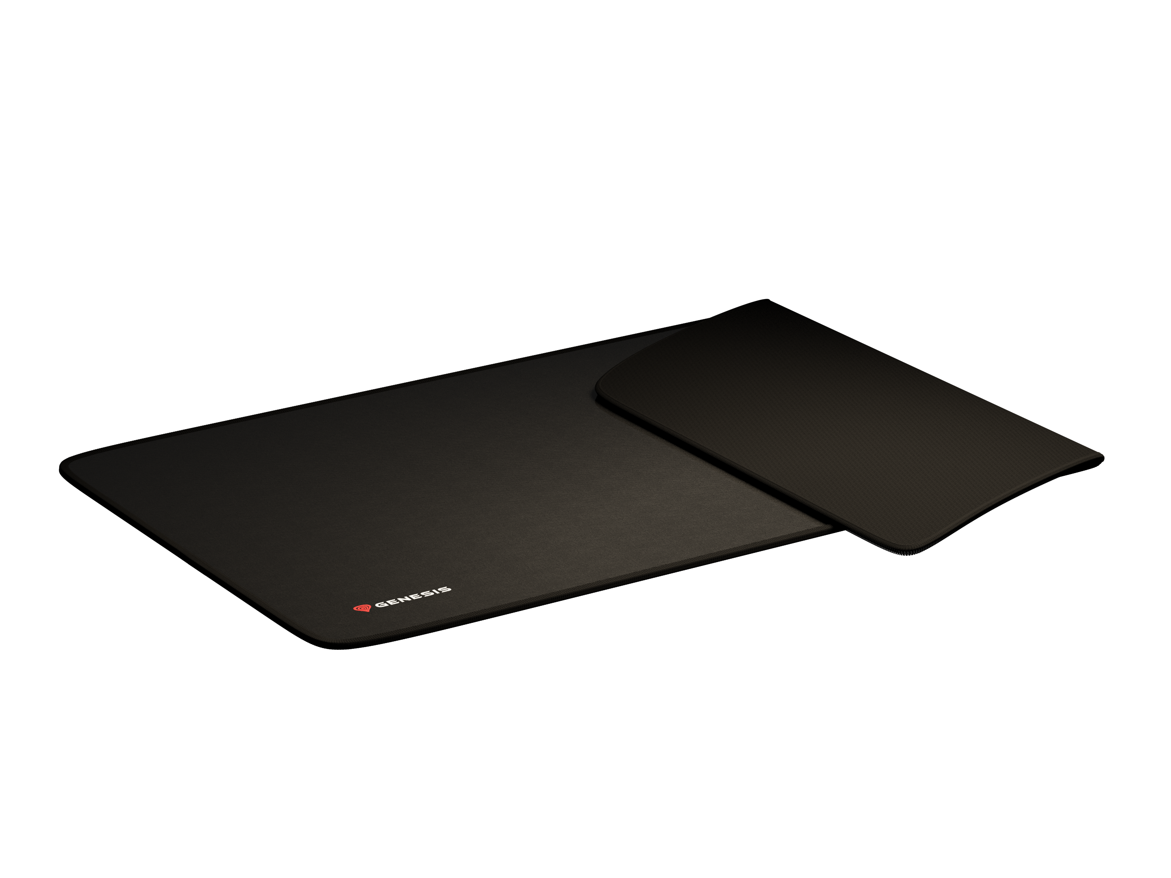 Czarna podkładka pod mysz z czerwonym logo Genesis, obok kolejna czarna podkładka.