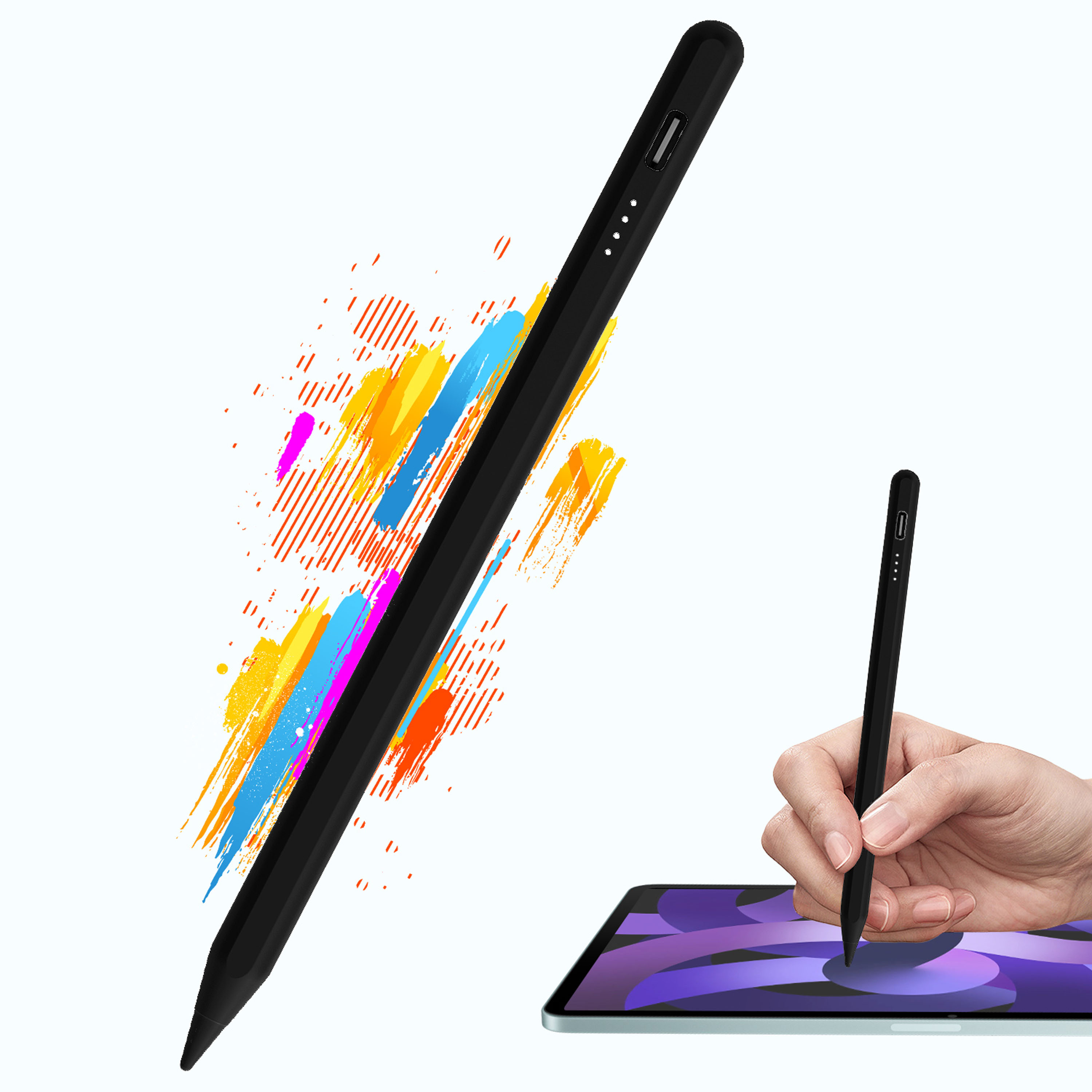 Un stylet noir avec des coups de pinceau colorés et une tablette.