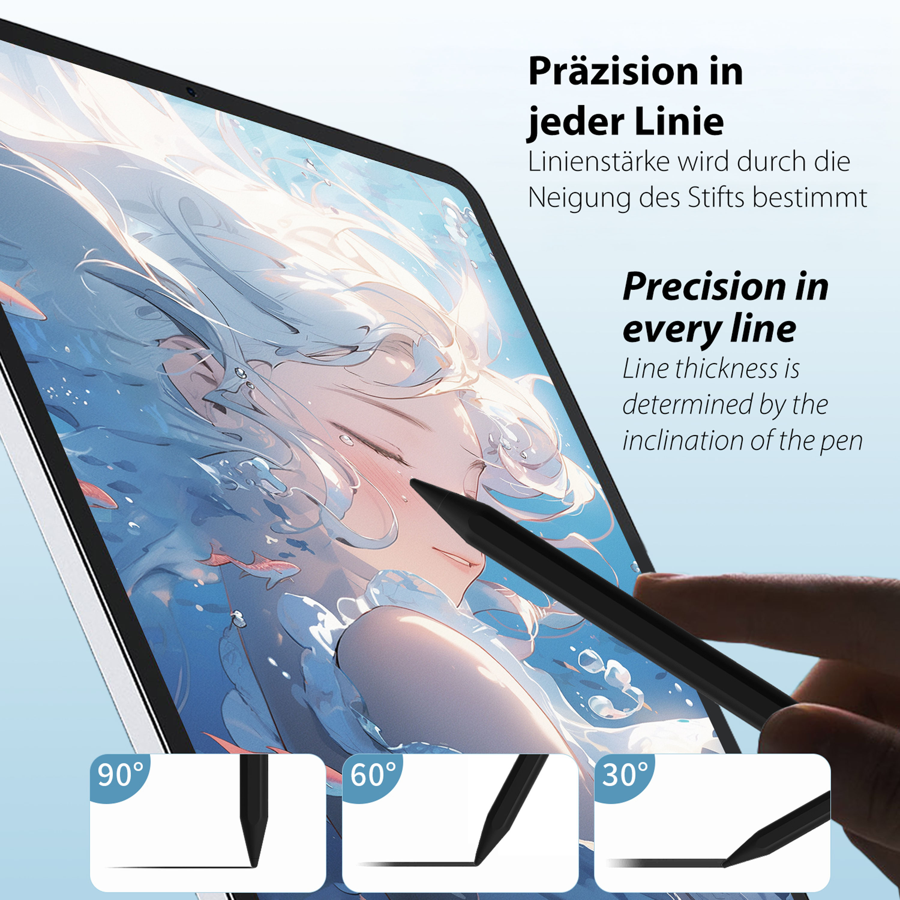 Un stylet sur une tablette affiche des lignes d'épaisseur variable.