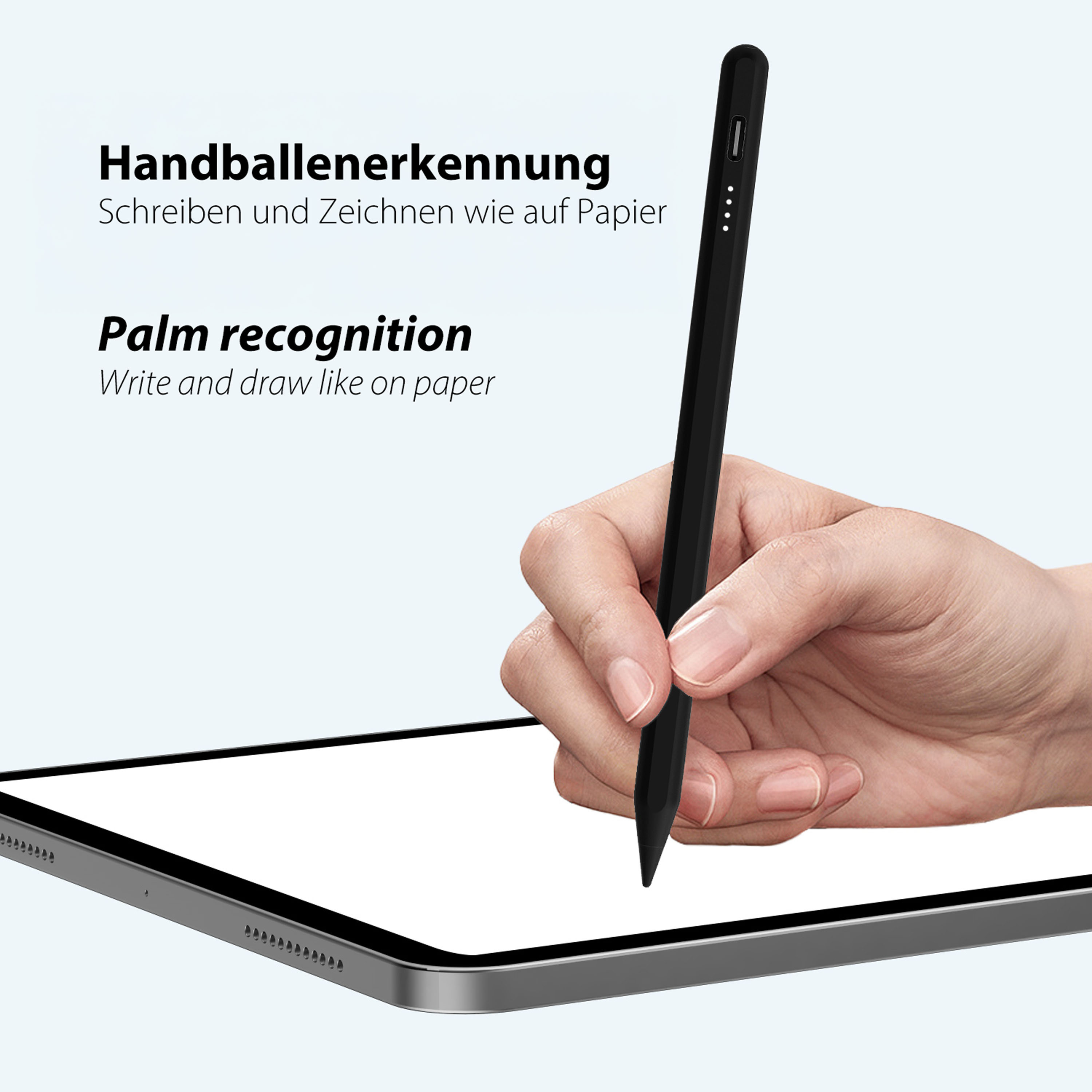 Une main tient un stylet noir sur une tablette, texte sur la reconnaissance de la paume.