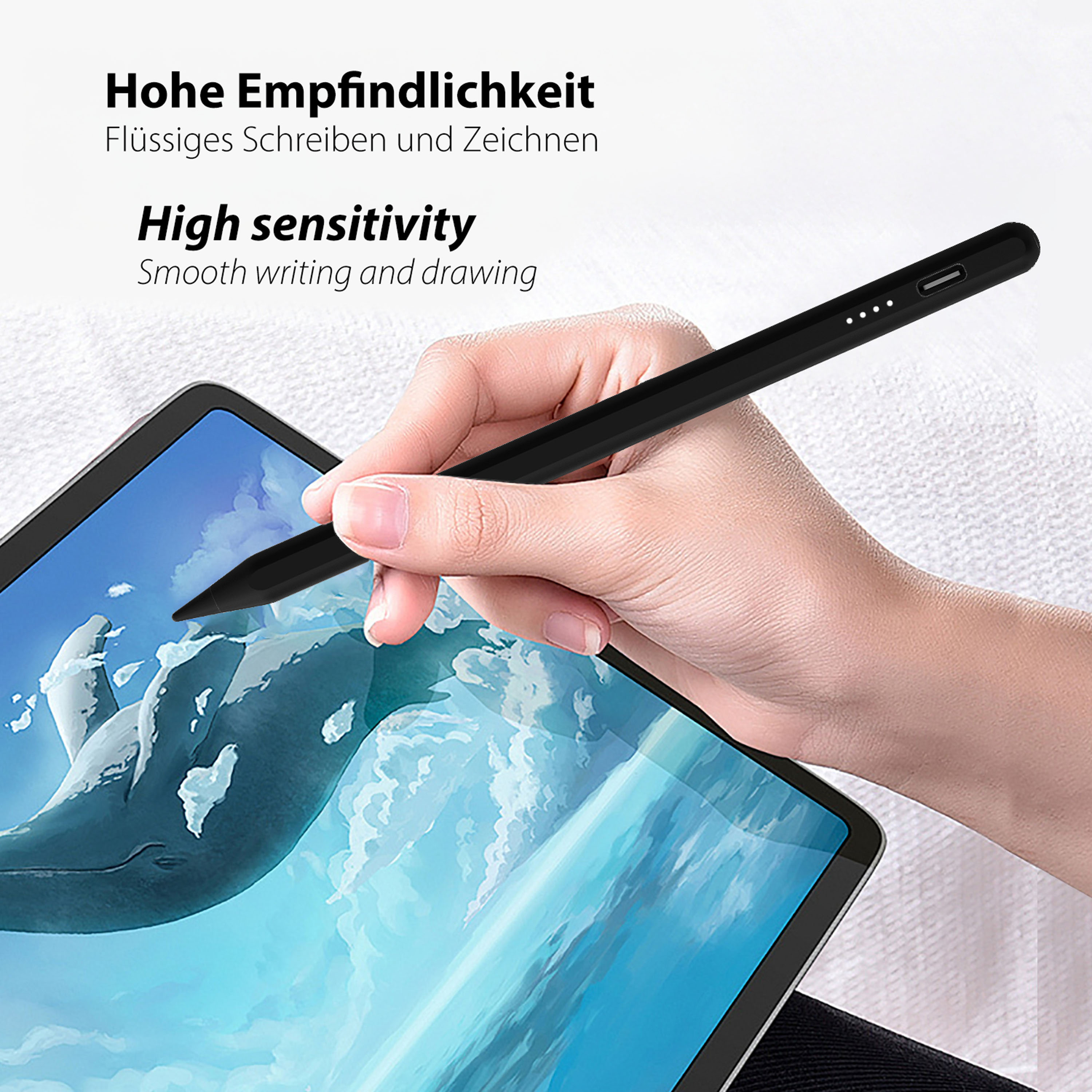 Une main utilise un stylet noir sur une tablette affichant une image de baleine.
