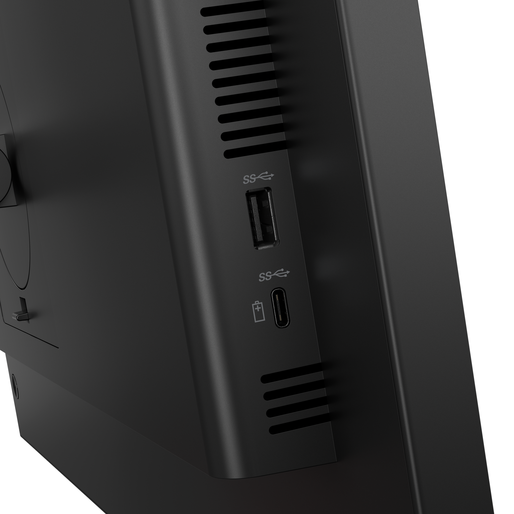 Nahaufnahme der Anschlüsse eines schwarzen Computers: USB-A, USB-C und Lüftungsschlitze.