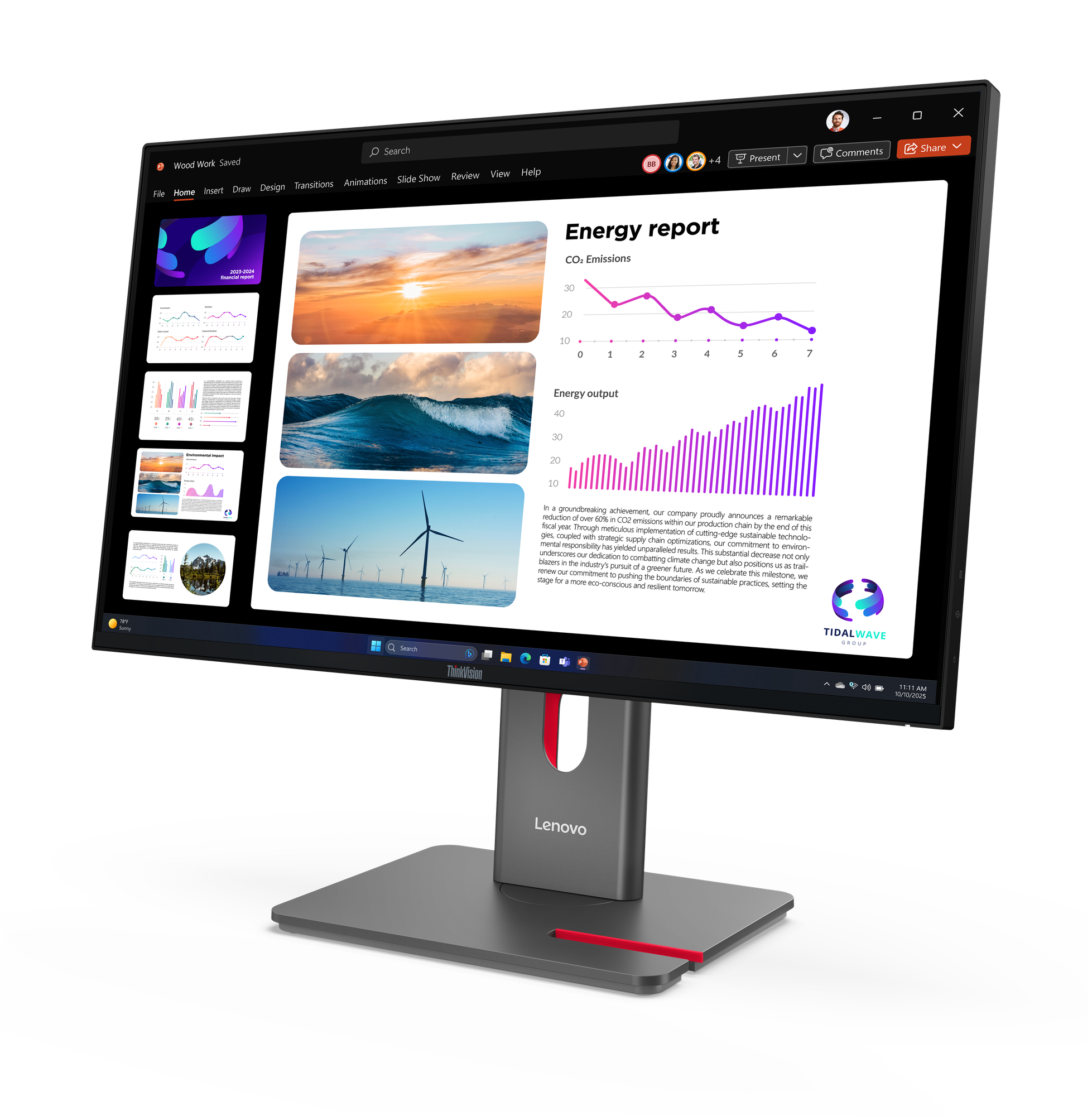 Ein Monitor zeigt eine Präsentation mit Diagrammen, Bildern von Wellen, Sonnenuntergang und Windrädern.