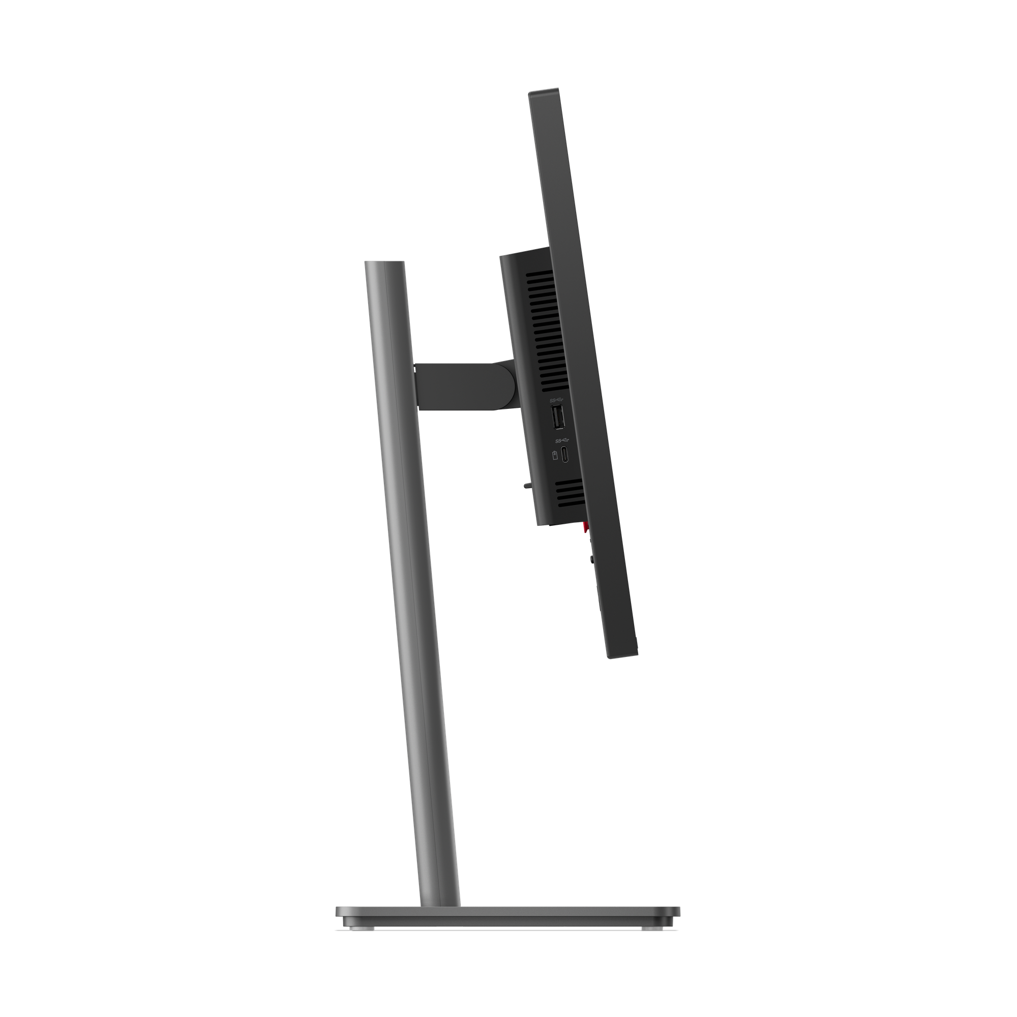 Ein schwarzer Computermonitor mit silbernem Ständer im Seitenprofil auf schwarzem Hintergrund.
