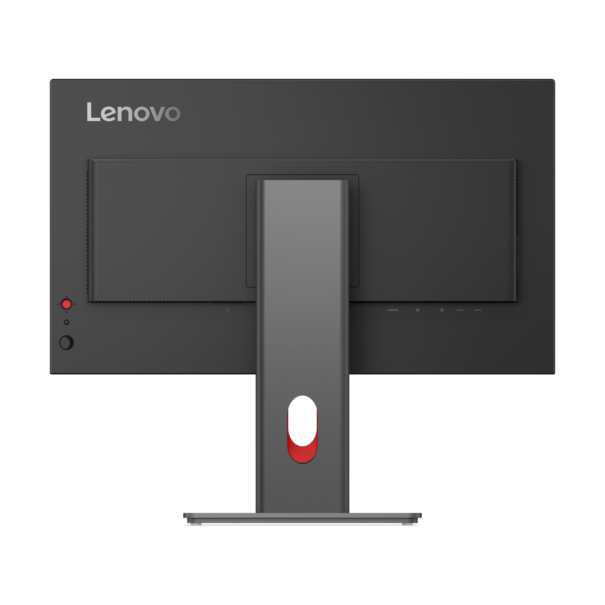 Rückseite eines schwarzen Lenovo Monitors mit silbernem Ständer.