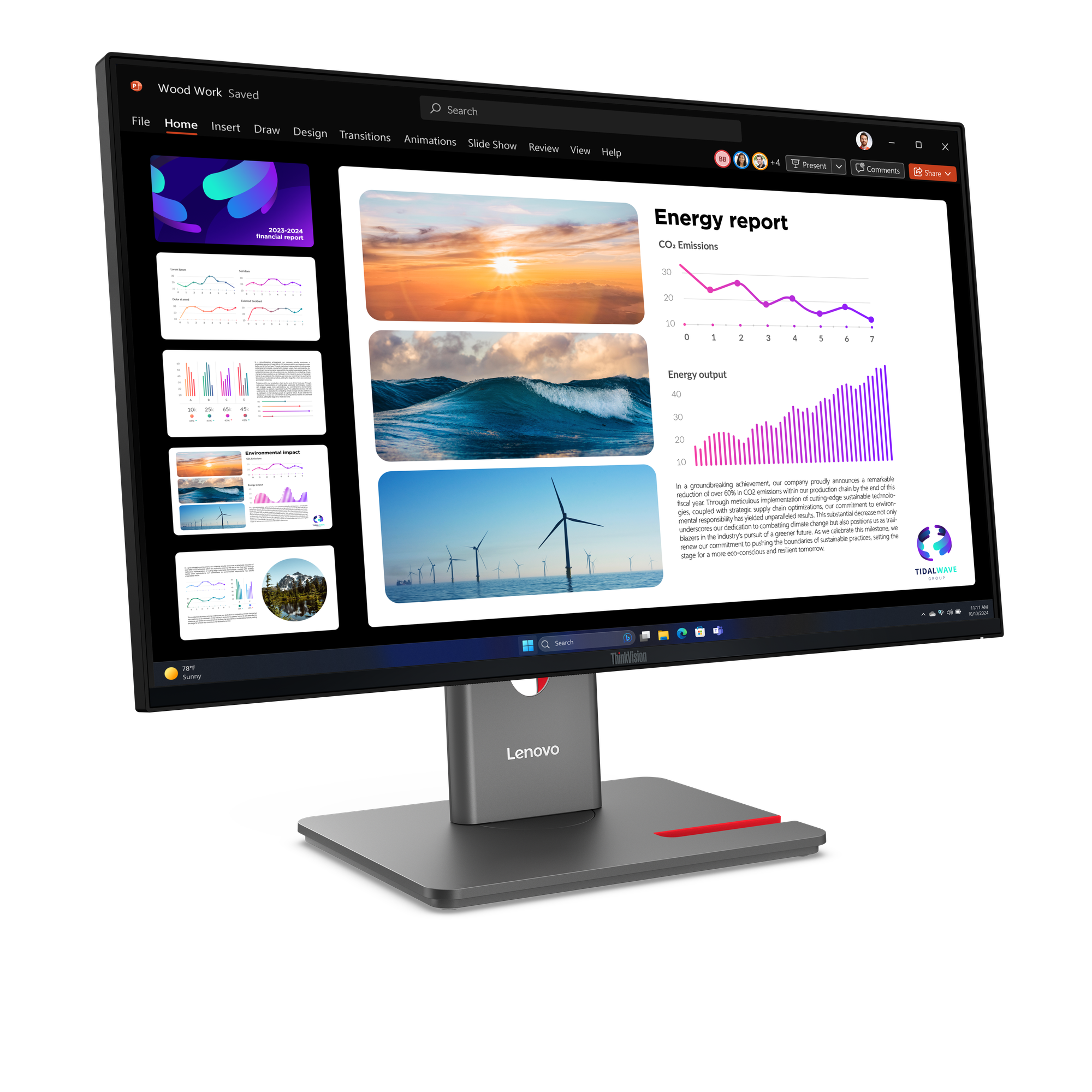 Ein Computermonitor zeigt eine Präsentation mit Grafiken, Wellen und Windturbinen.