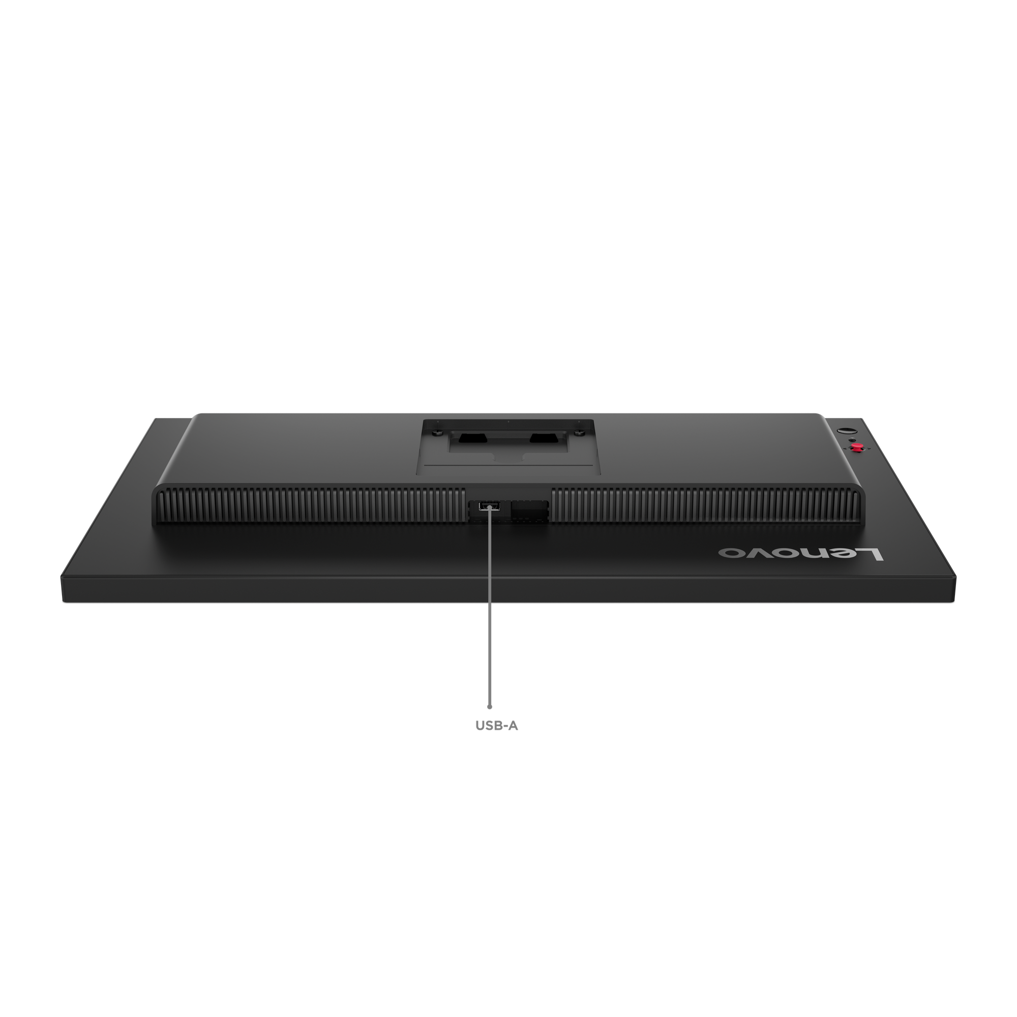 Rückseite eines schwarzen Lenovo Monitors mit USB-A-Anschluss.