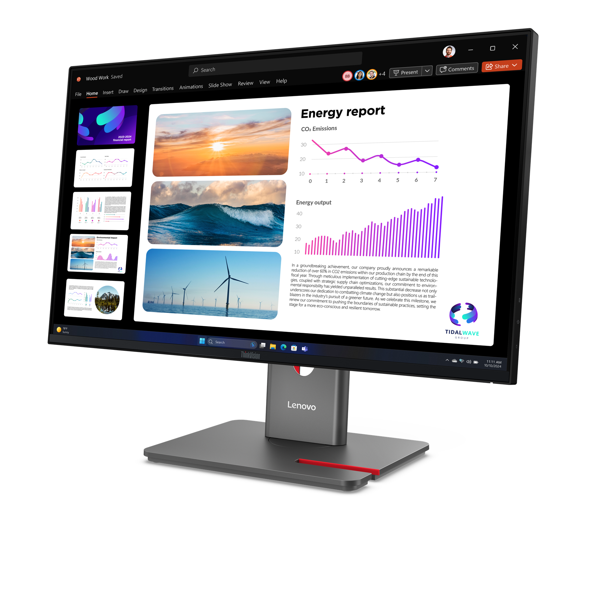 Ein Monitor zeigt eine Präsentation mit Grafiken zu Energiebericht und Umweltauswirkungen.