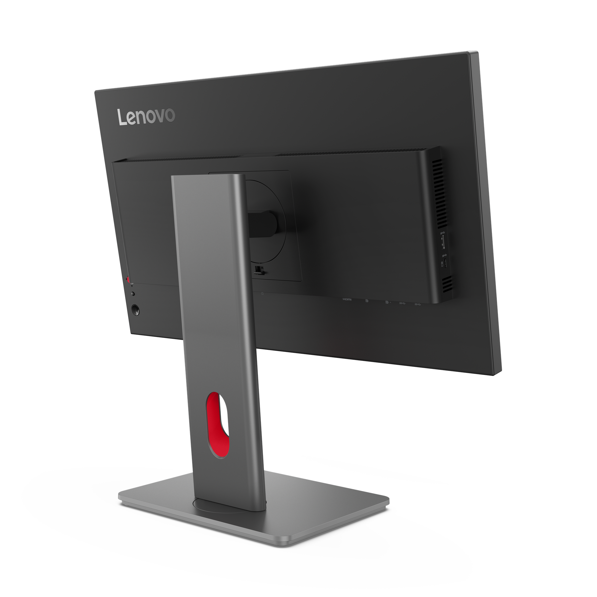 Rückseite eines schwarzen Lenovo Monitors mit grauem Ständer und roter Akzentfarbe.