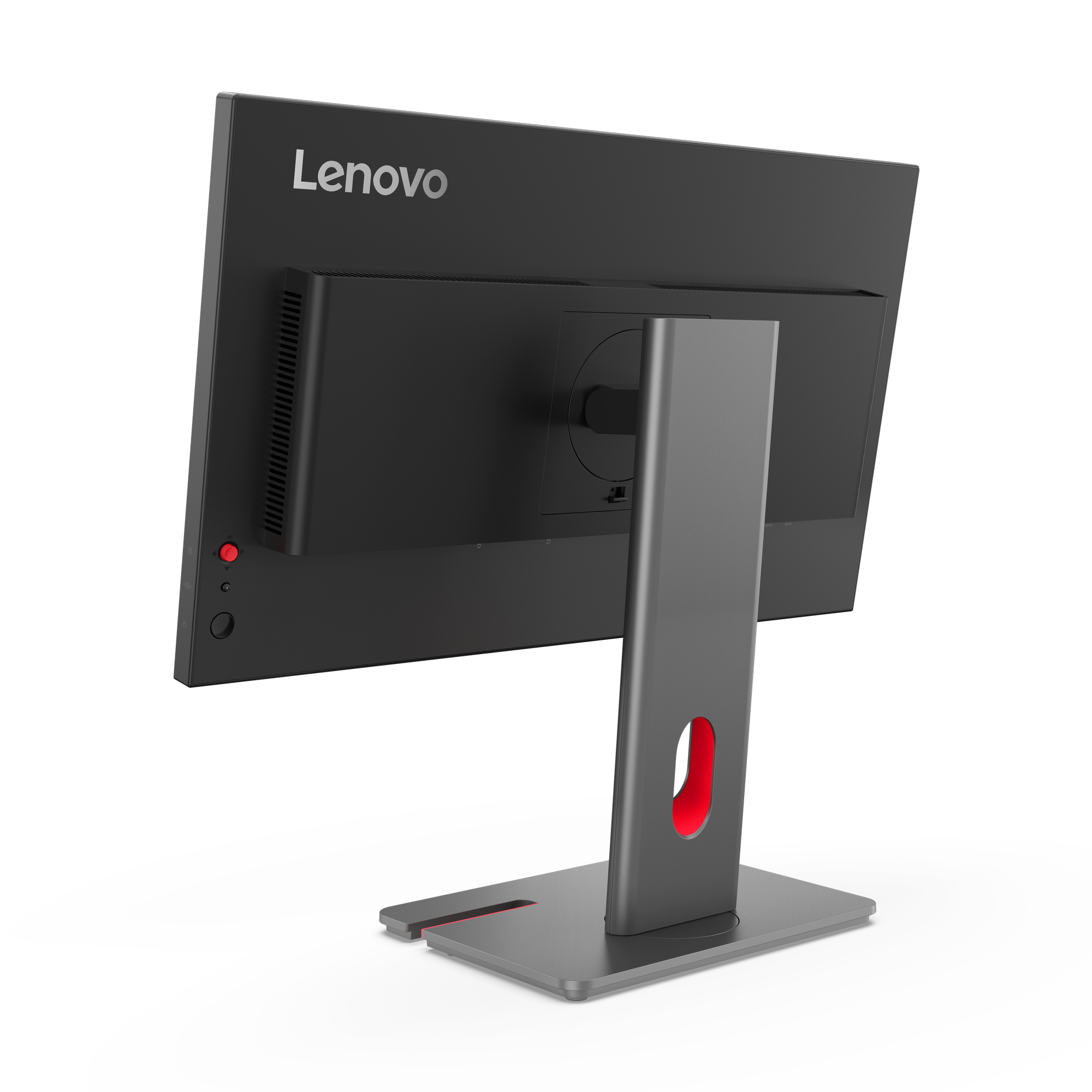 Rückseite eines schwarzen Lenovo Monitors mit silbernem Standfuß und roter Akzentuierung.
