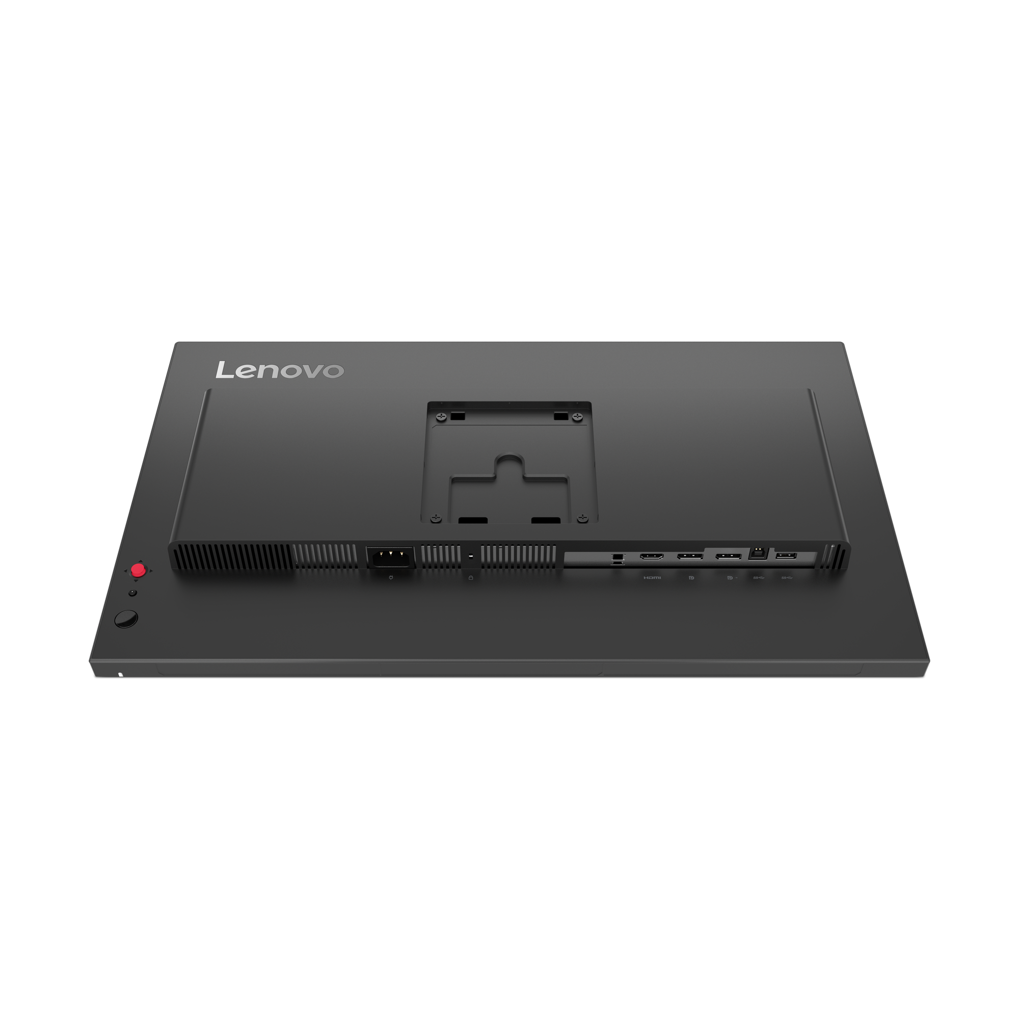 Rückseite eines schwarzen Lenovo Monitors mit Anschlüssen und Lüftungsschlitzen.