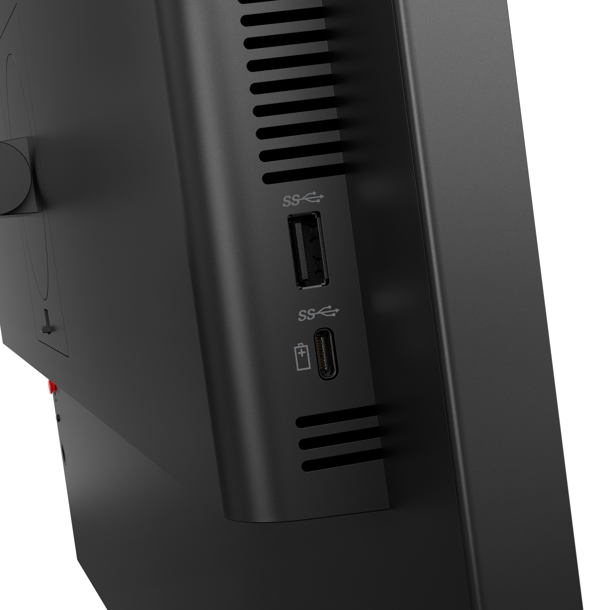 Nahaufnahme von schwarzen Anschlüssen: USB-A, USB-C und ein Batteriesymbol.