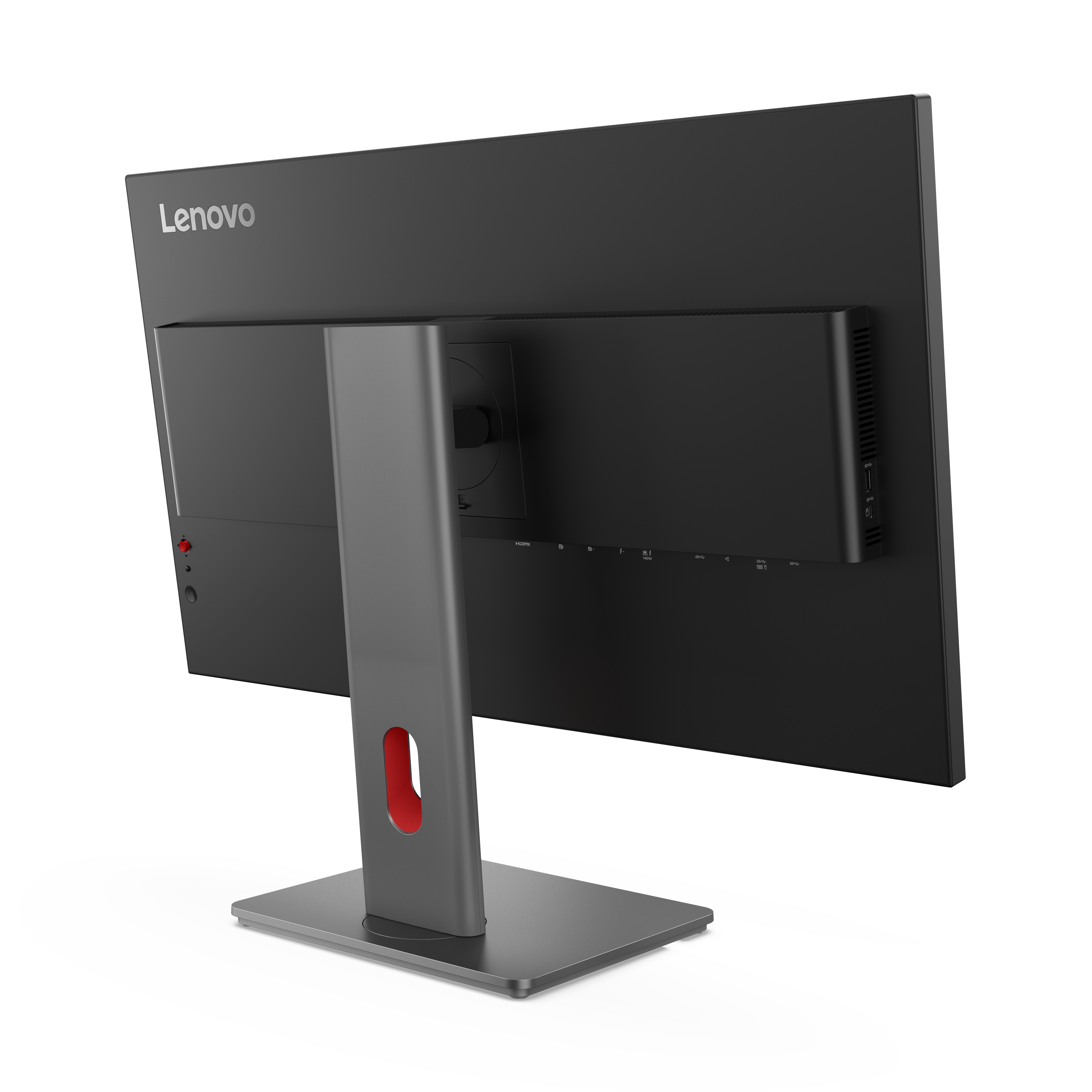 Rückseite eines schwarzen Lenovo Monitors mit silbernem Standfuß und roten Akzenten.