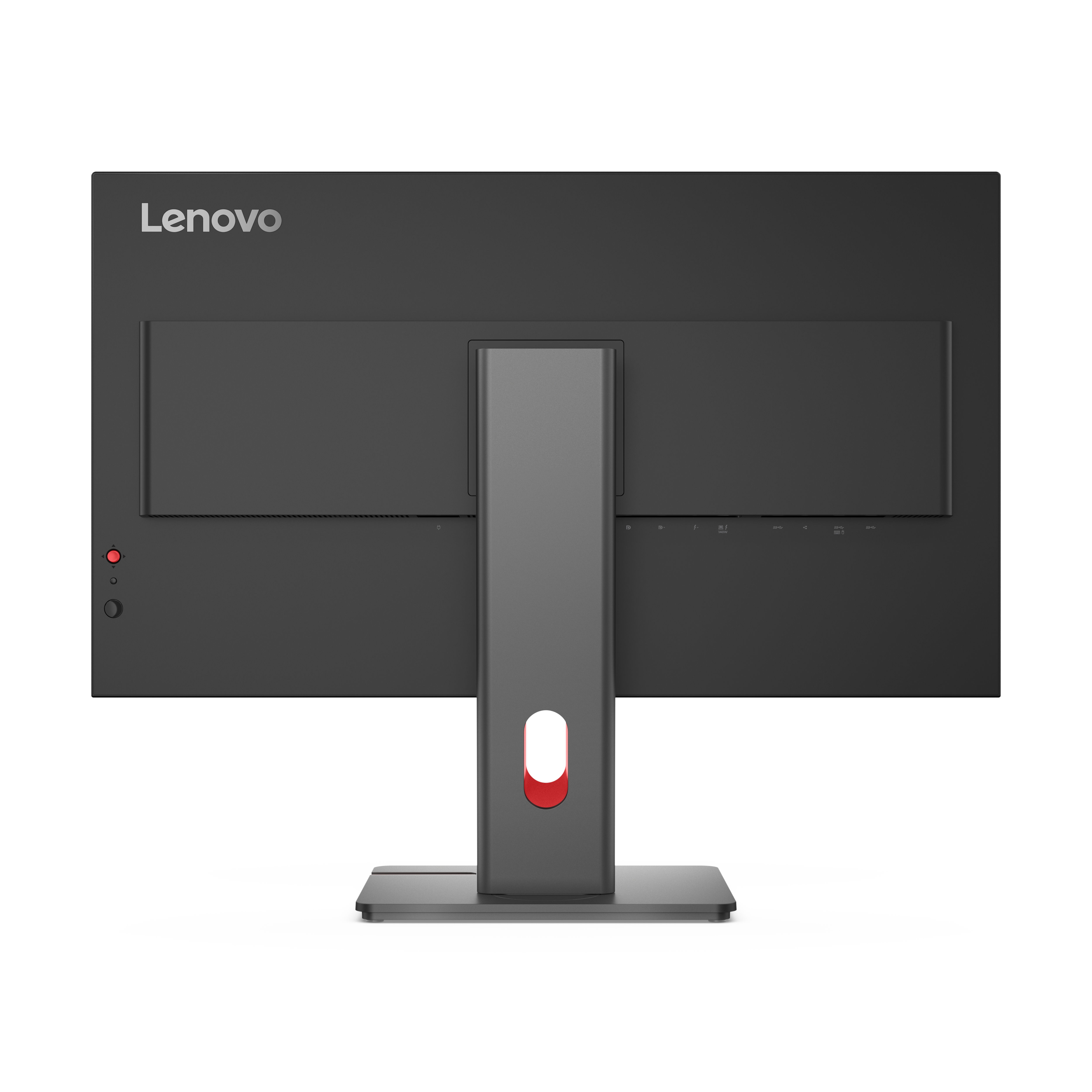 Rückseite eines schwarzen Lenovo Monitors mit silbernem Standfuß und roten Akzenten.
