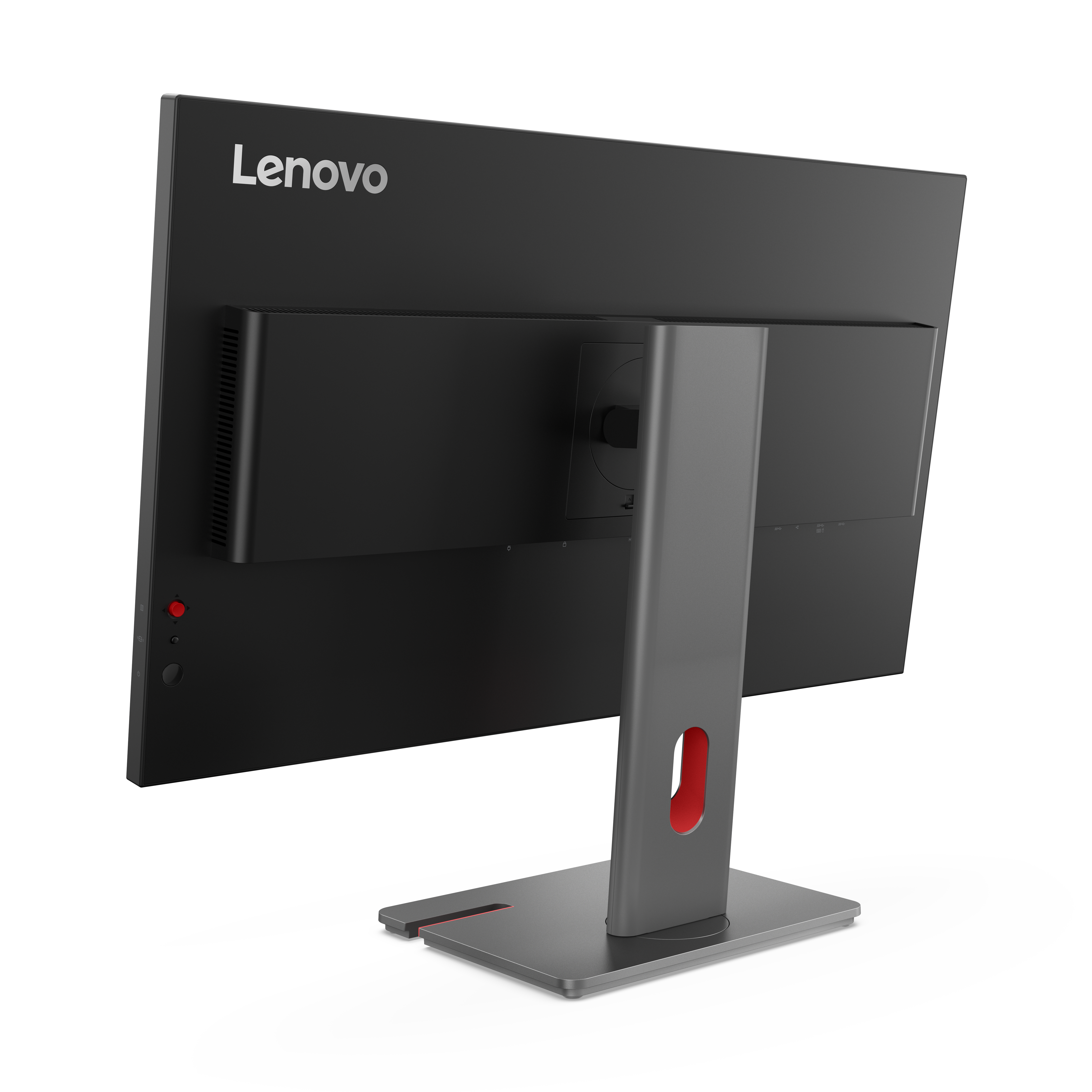 Rückseite eines schwarzen Lenovo Monitors mit grauem Standfuß und roten Akzenten.