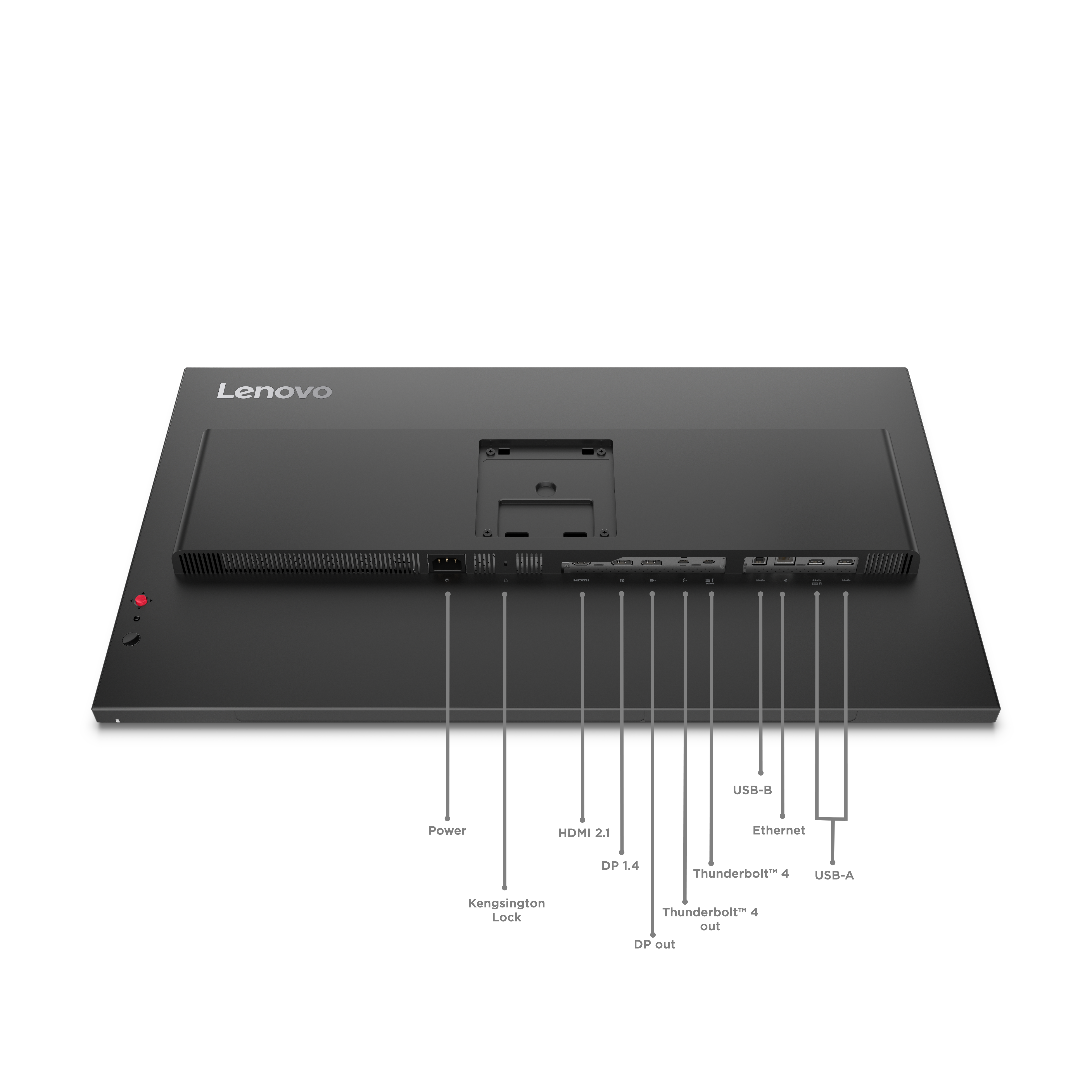 Rückseite eines Lenovo Monitors mit Anschlüssen: Strom, Kensington, HDMI, DP, USB-B, Ethernet, Thunderbolt.