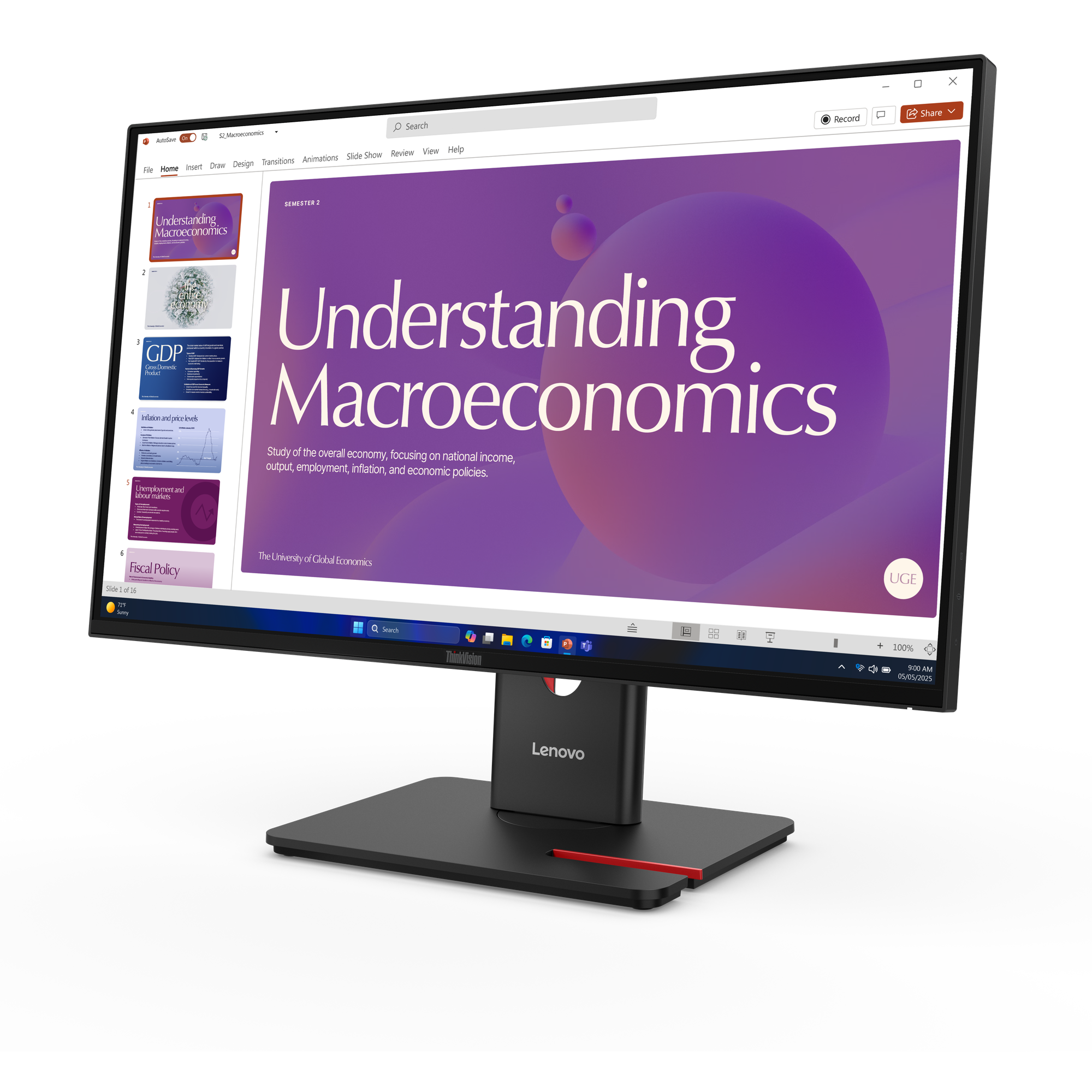Ein Monitor zeigt eine Präsentation über Makroökonomie mit lila Akzenten.