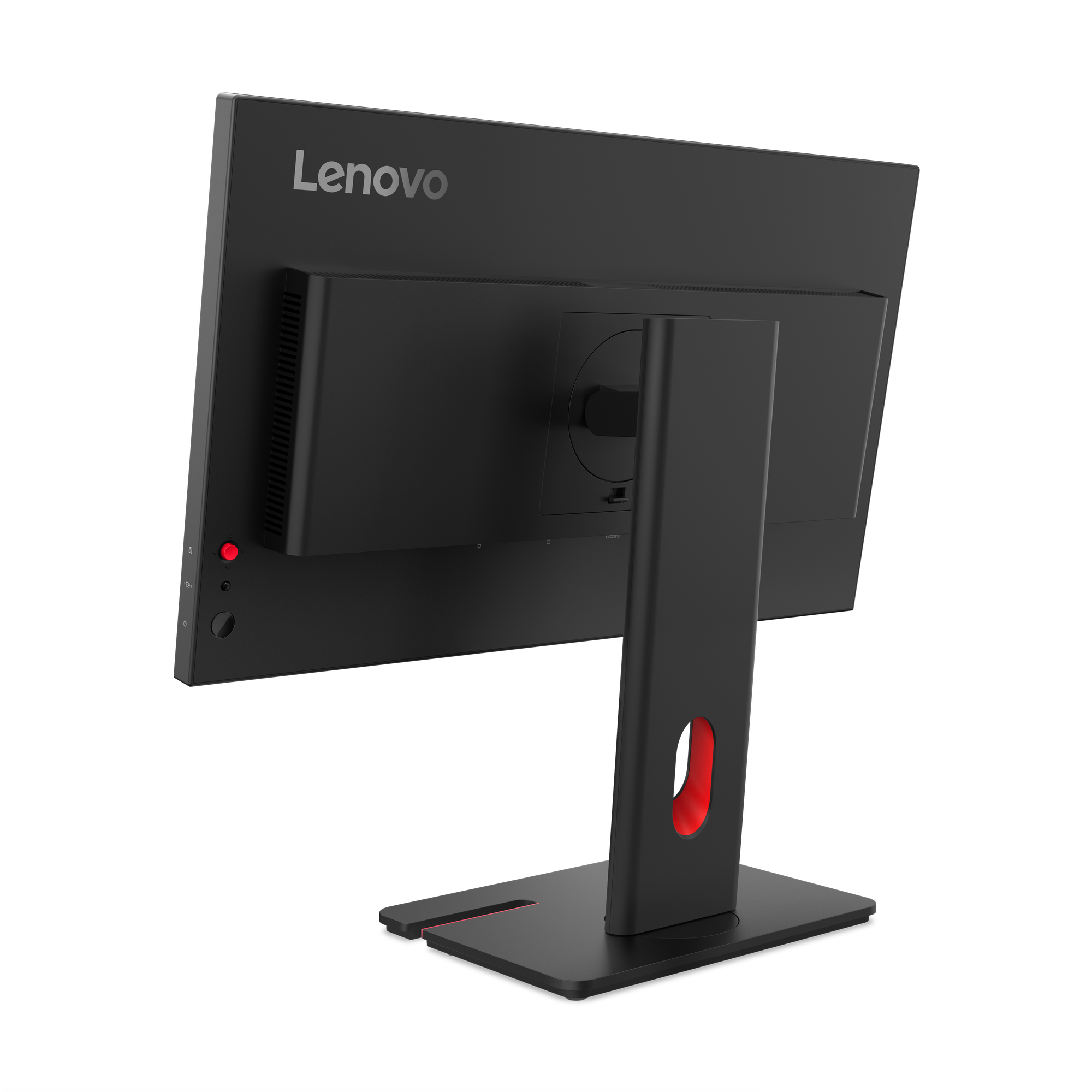 Rückseite eines schwarzen Lenovo Monitors mit rotem Akzent am Standfuß.