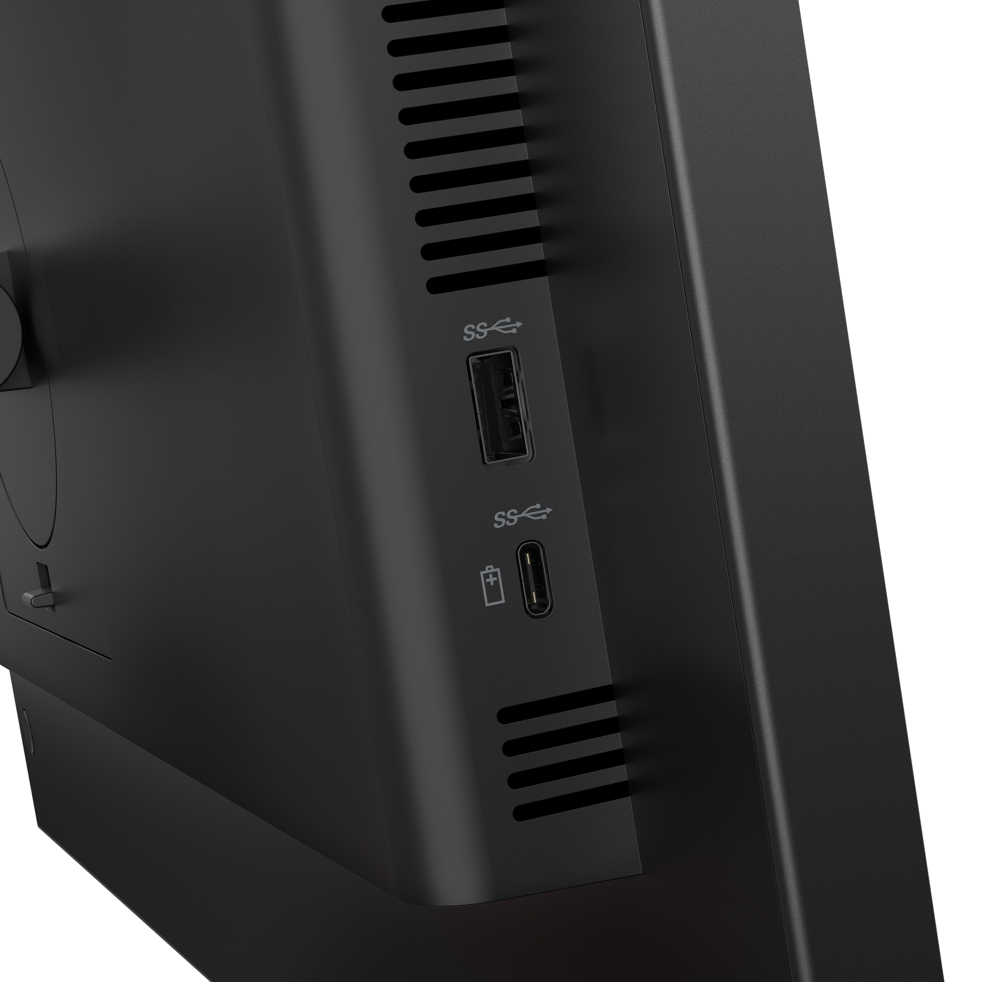 Nahaufnahme eines schwarzen Computers mit USB-Anschlüssen und Lüftungsschlitzen.