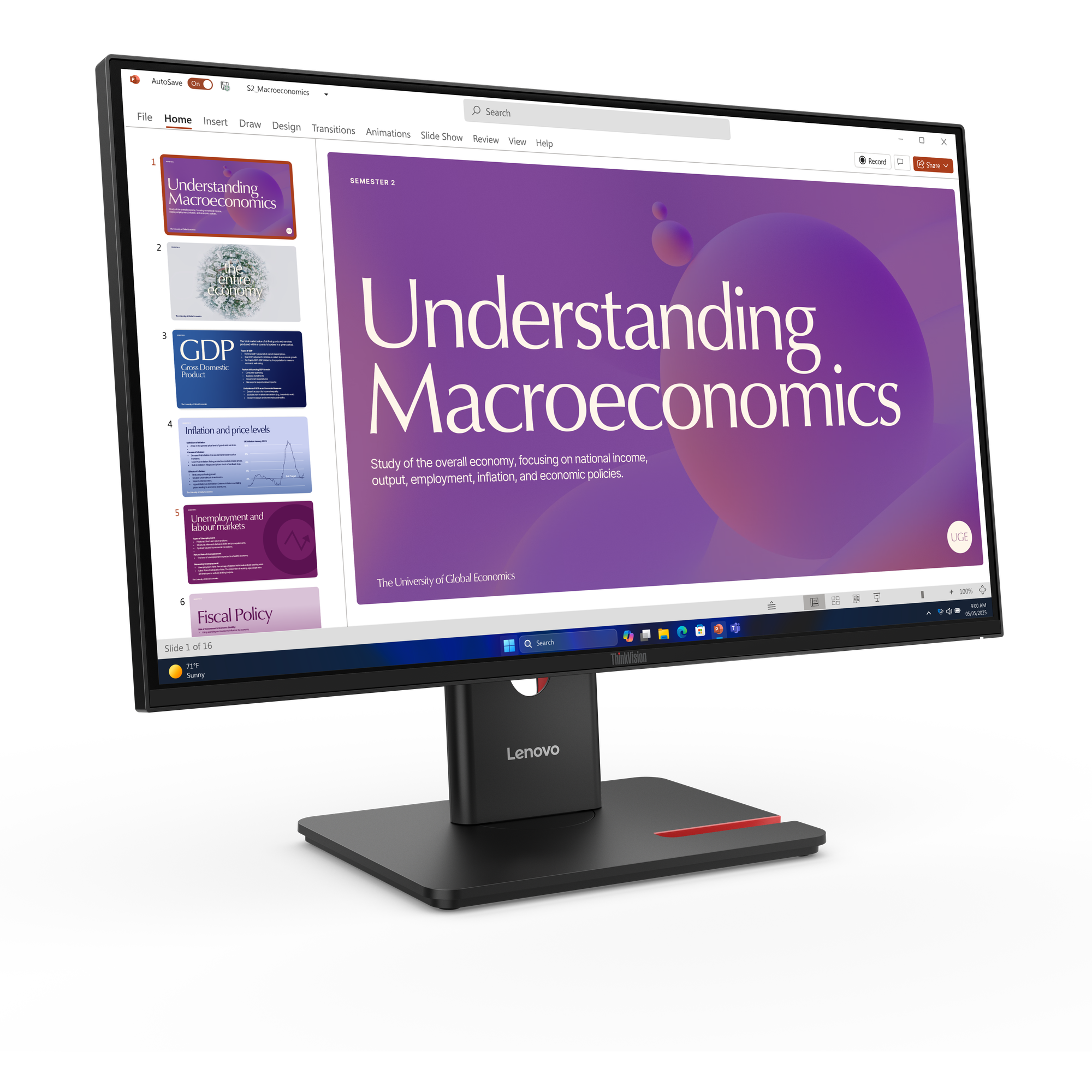Ein Computermonitor zeigt eine Präsentation über Makroökonomie.
