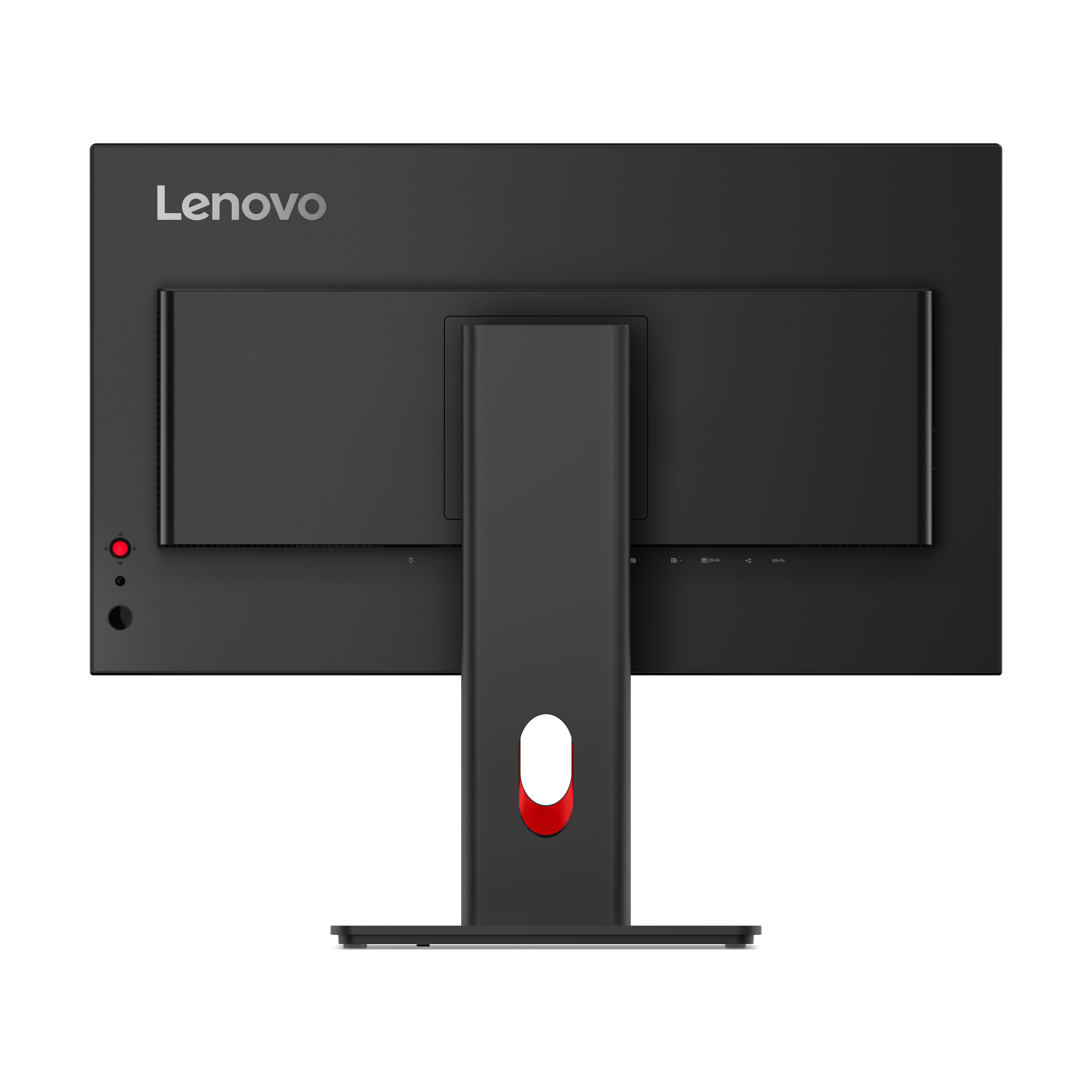 Rückseite eines schwarzen Lenovo Monitors mit roten Akzenten.