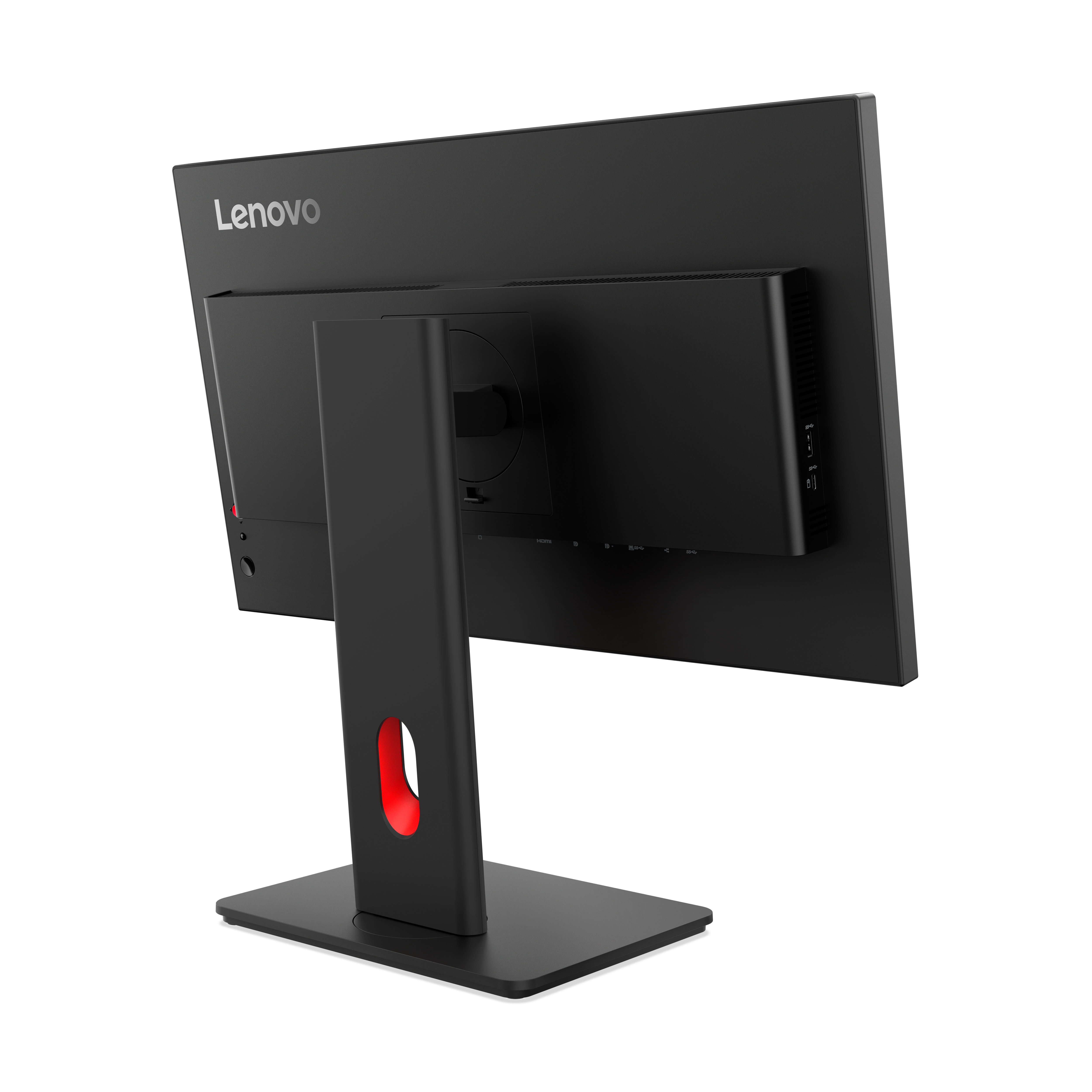 Rückansicht eines schwarzen Lenovo Monitors mit silbernem Logo und rotem Akzent am Standfuß.