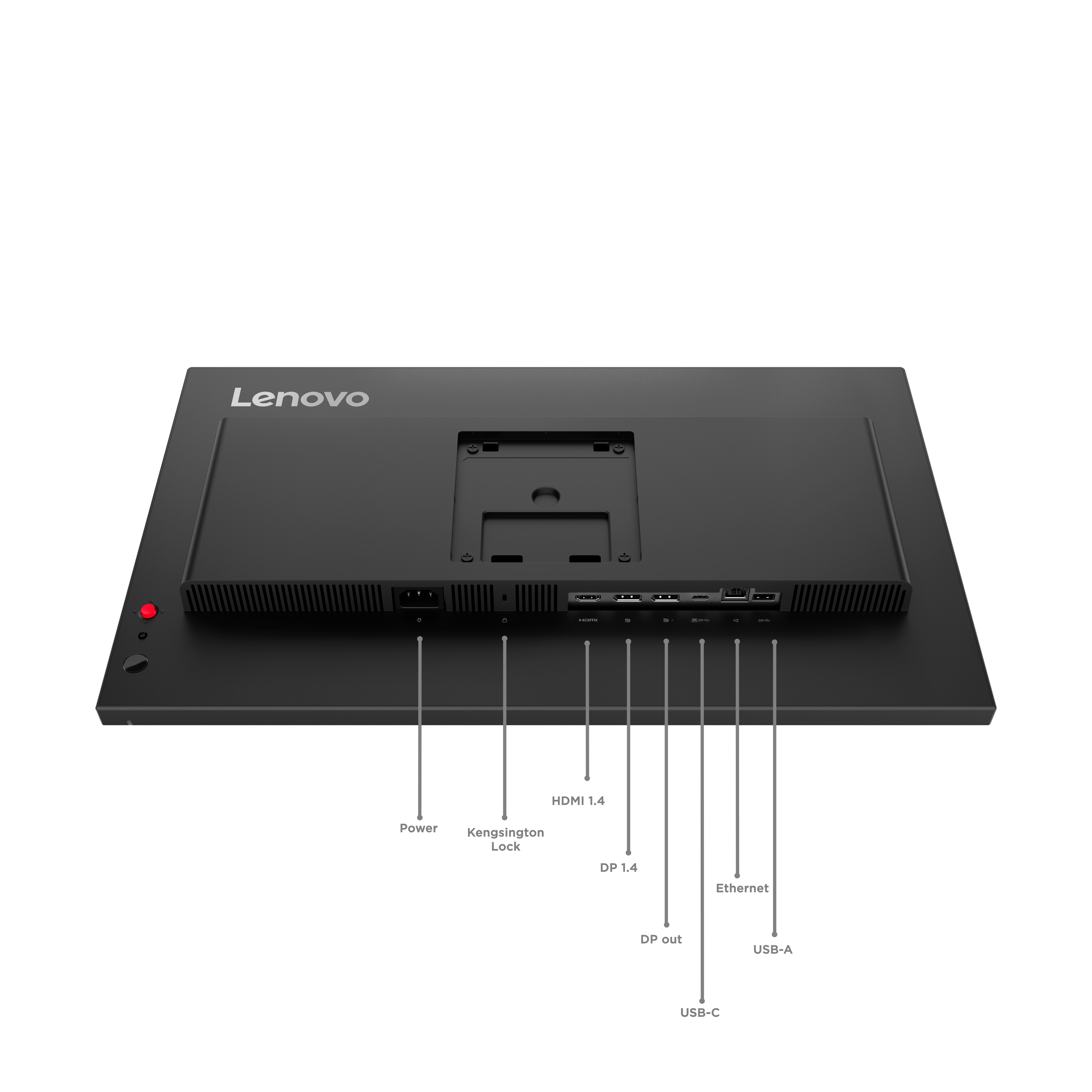 Rückseite eines Lenovo Monitors mit Anschlüssen: Strom, Kensington, HDMI, DP, Ethernet, USB.