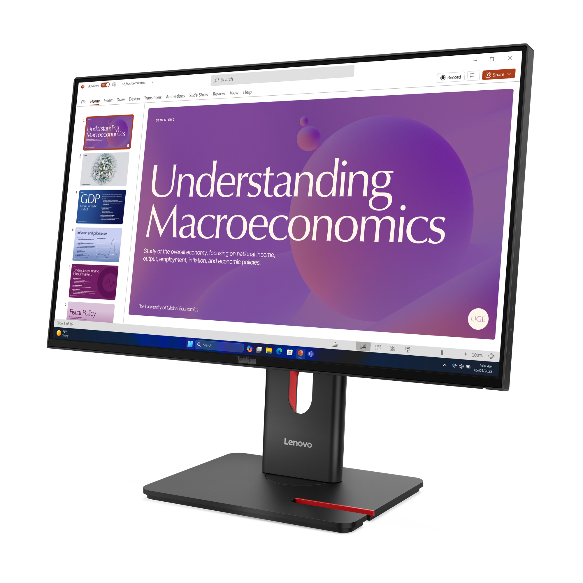 Ein Monitor zeigt eine Präsentation über Makroökonomie mit lila Hintergrund und Text.