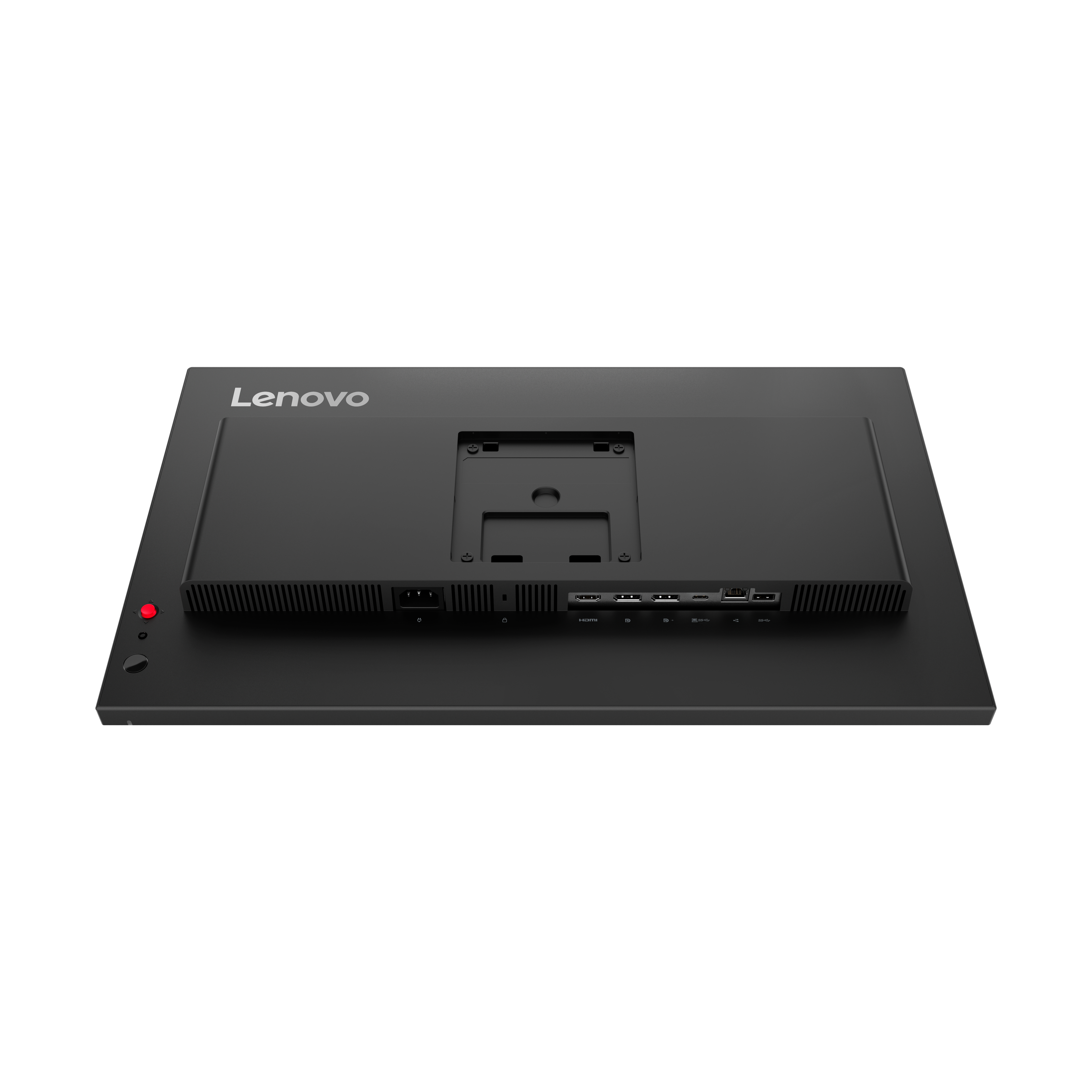 Rückseite eines schwarzen Lenovo Monitors mit Anschlüssen und Lüftungsschlitzen.