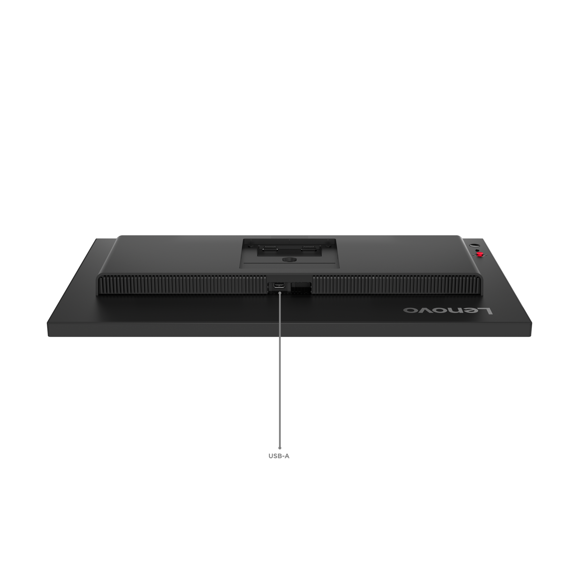 Rückseite eines schwarzen Monitors mit Lenovo-Logo und USB-A-Anschluss.