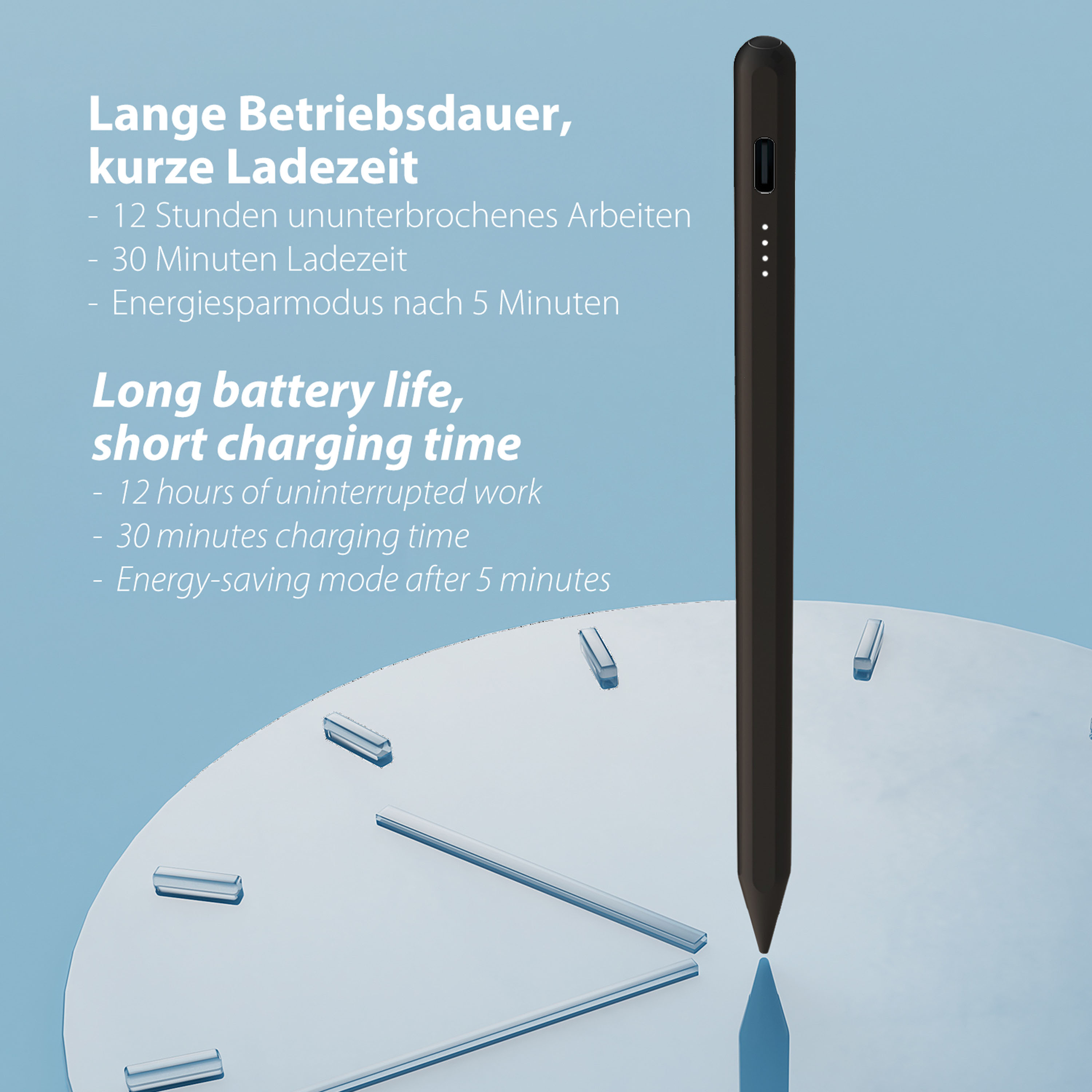 Stylet noir sur fond bleu avec motif d'horloge. Longue durée de vie batterie.