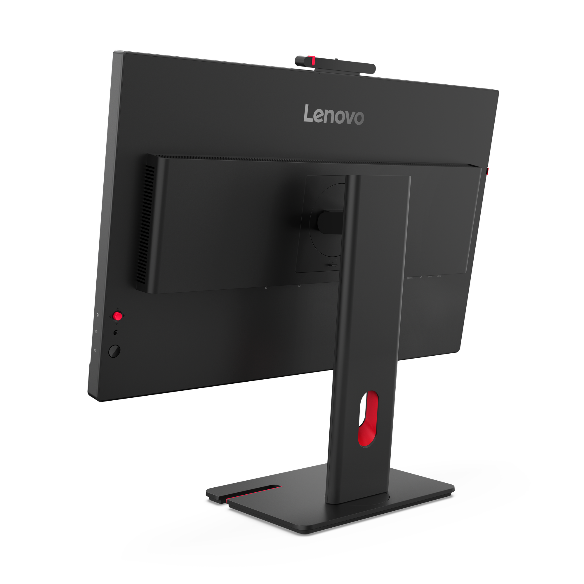Rückansicht eines schwarzen Lenovo All-in-One-Computers mit rotem Akzent.