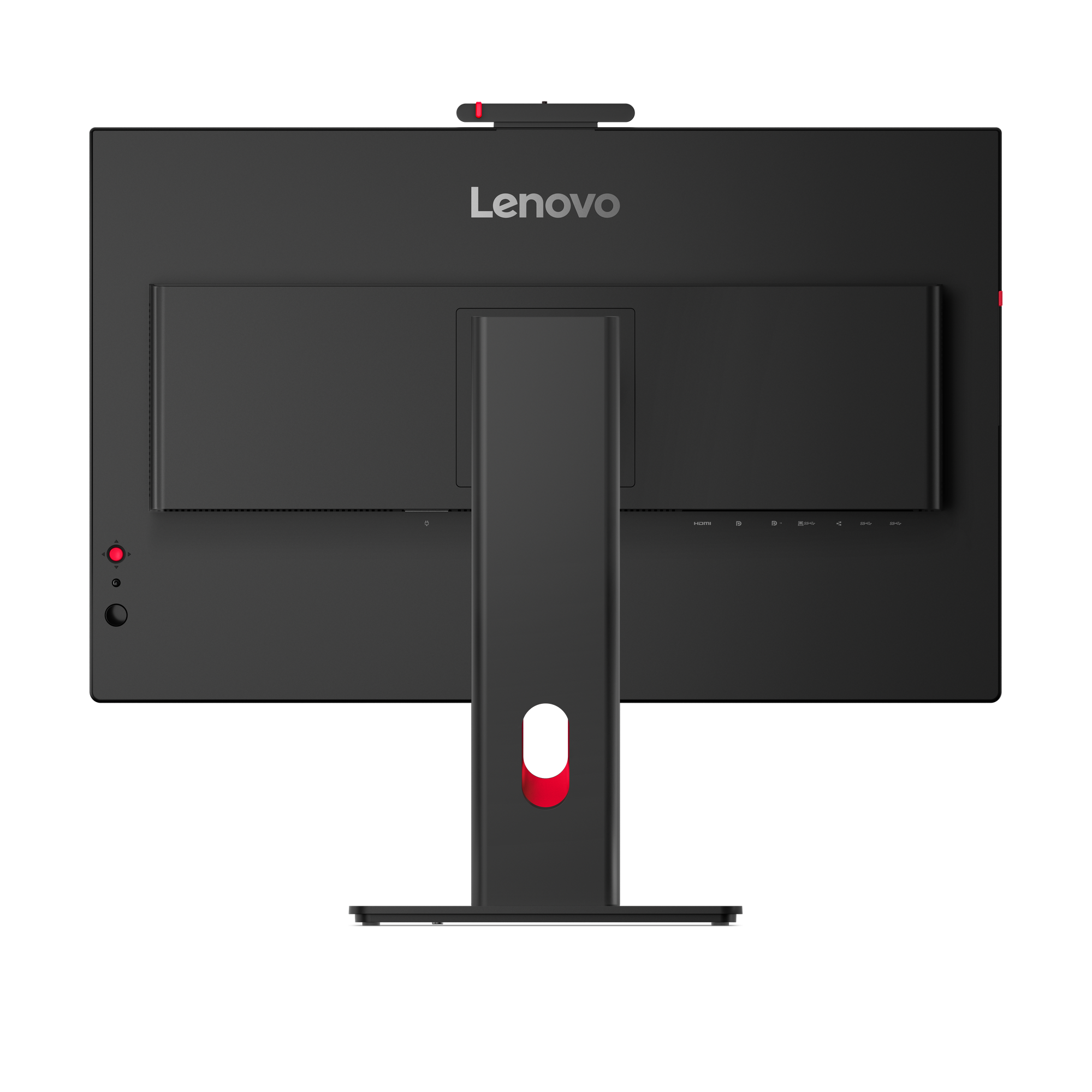 Rückseite eines schwarzen Lenovo Monitors mit rotem Akzent am Ständer.