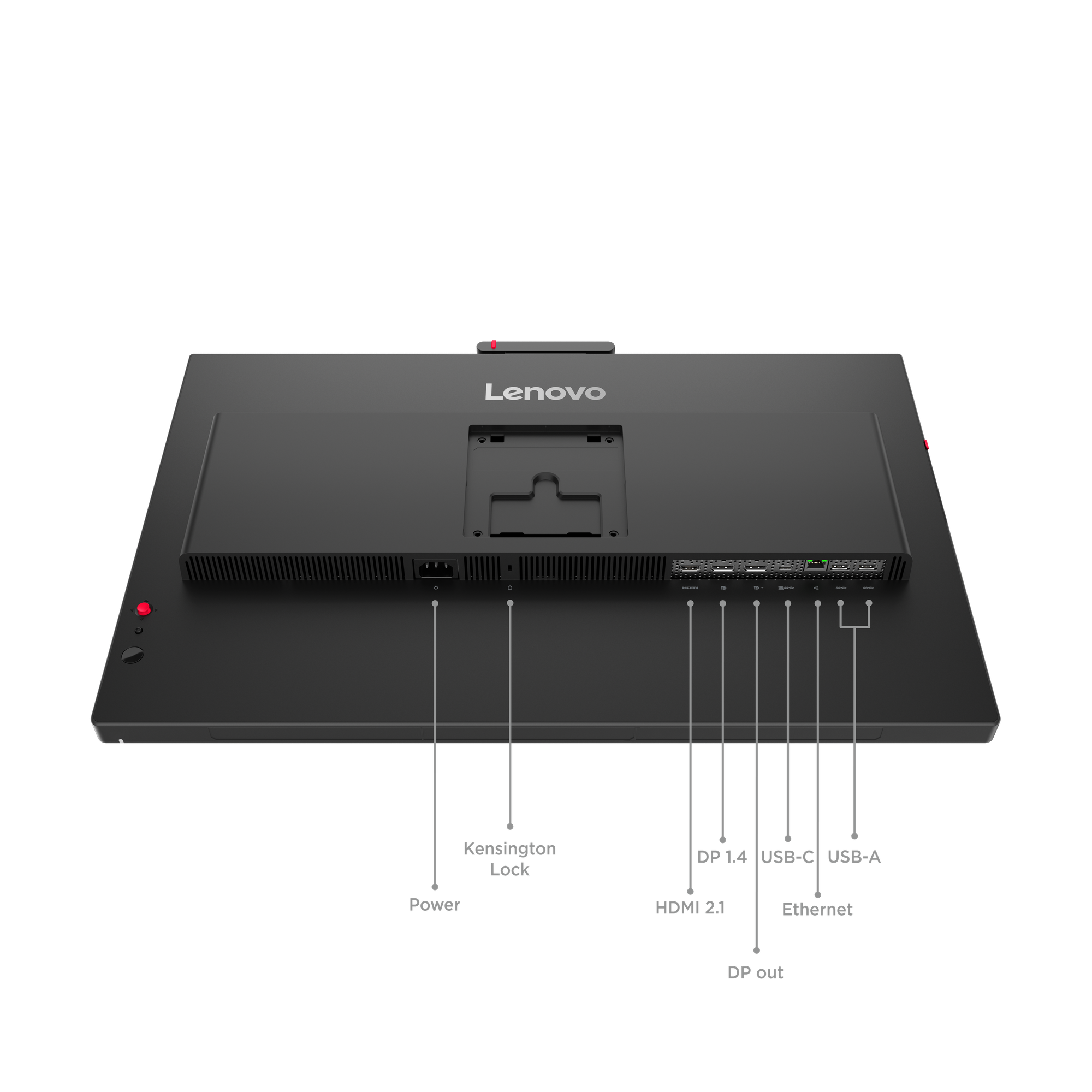 Rückseite eines schwarzen Lenovo Monitors mit Anschlüssen: Strom, Kensington, HDMI, DP, USB-C, USB-A, Ethernet.