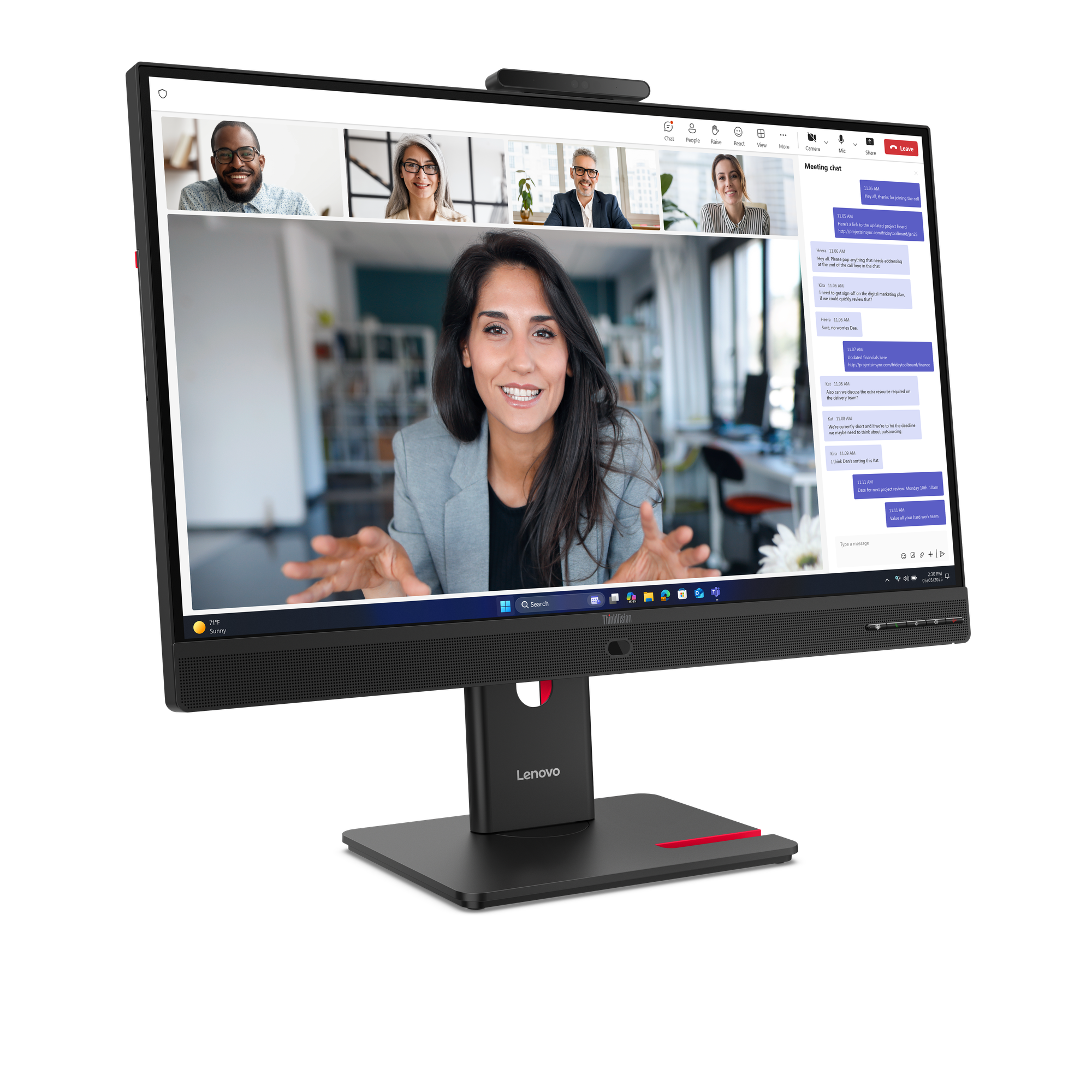 Ein Computermonitor zeigt eine Videokonferenz mit fünf Personen und einen Chat.